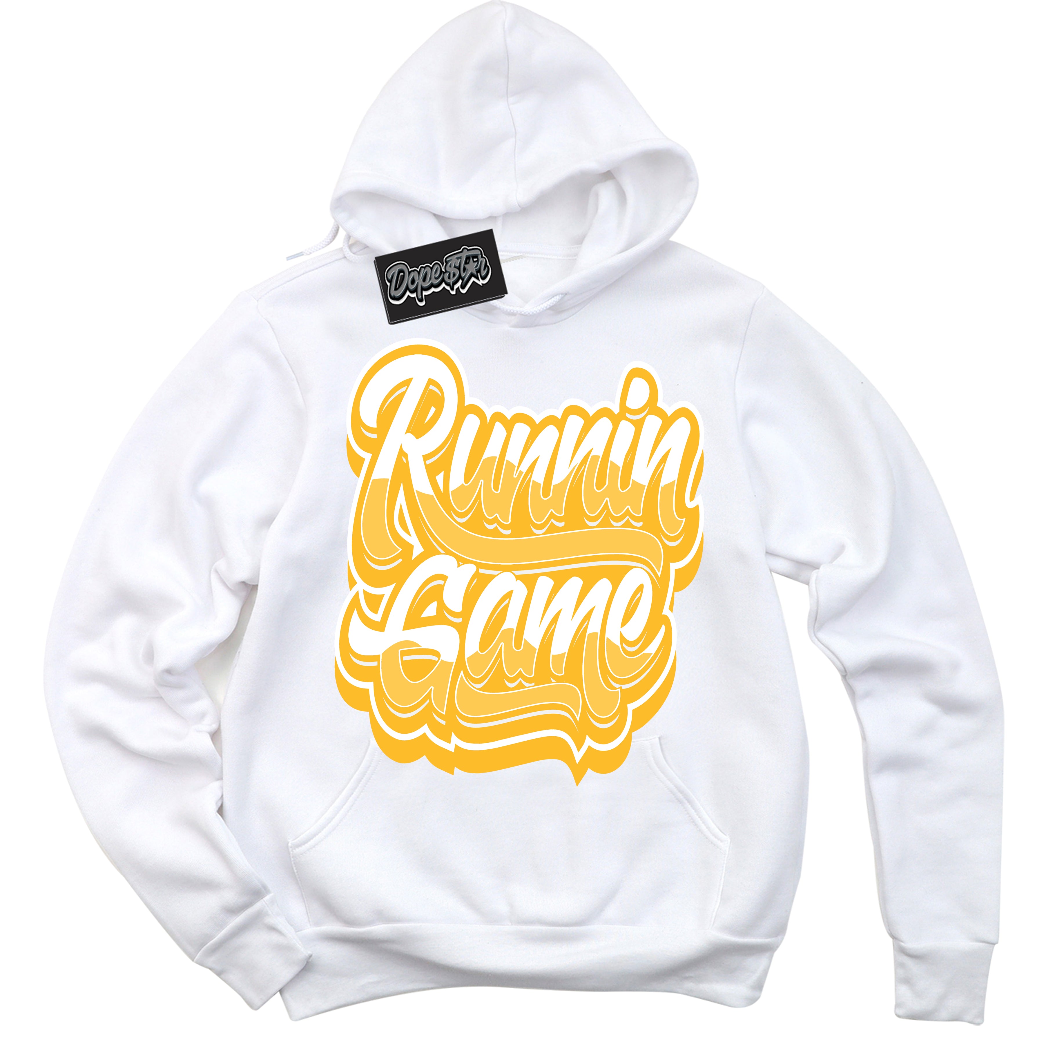 Cool White Hoodie with “ Running Game '' design that Perfectly Matches White University Gold Sneakers.