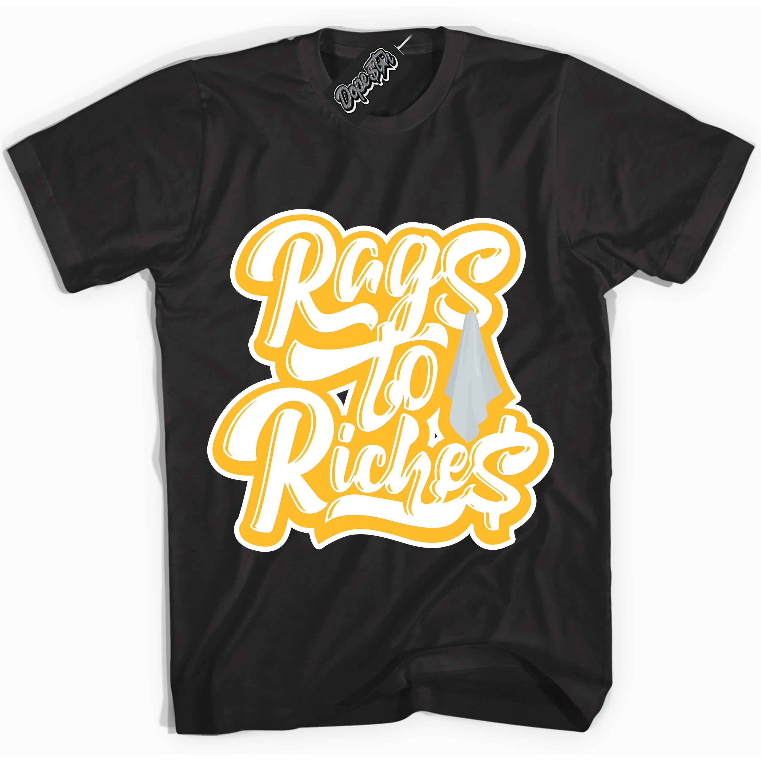 Cool Black Shirt with “ Rags To Riches ” design that perfectly matches White University Gold Sneakers.