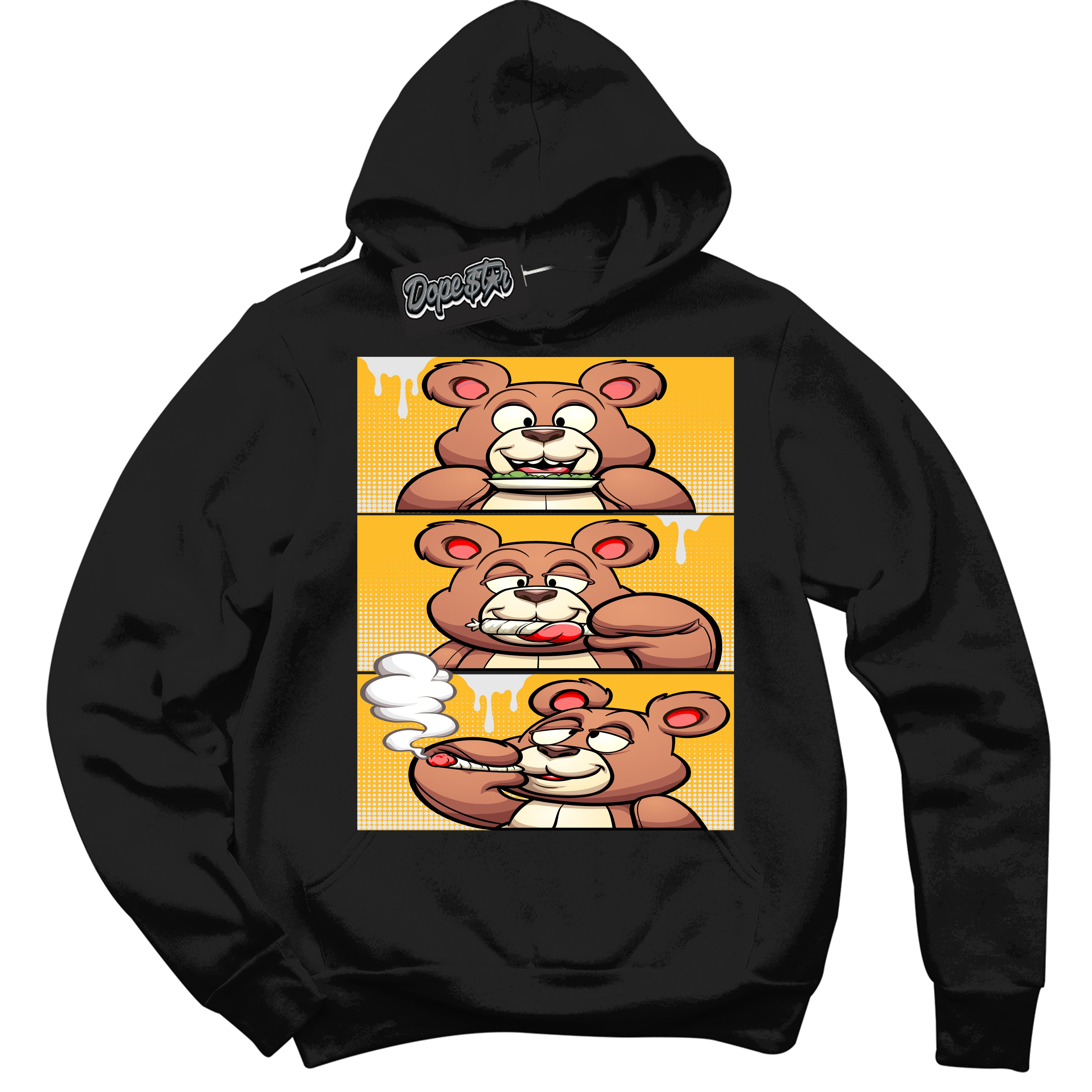 Cool Black Hoodie with “ Roll It Lick It Smoke It Bear '' design that Perfectly Matches White University Gold Sneakers.