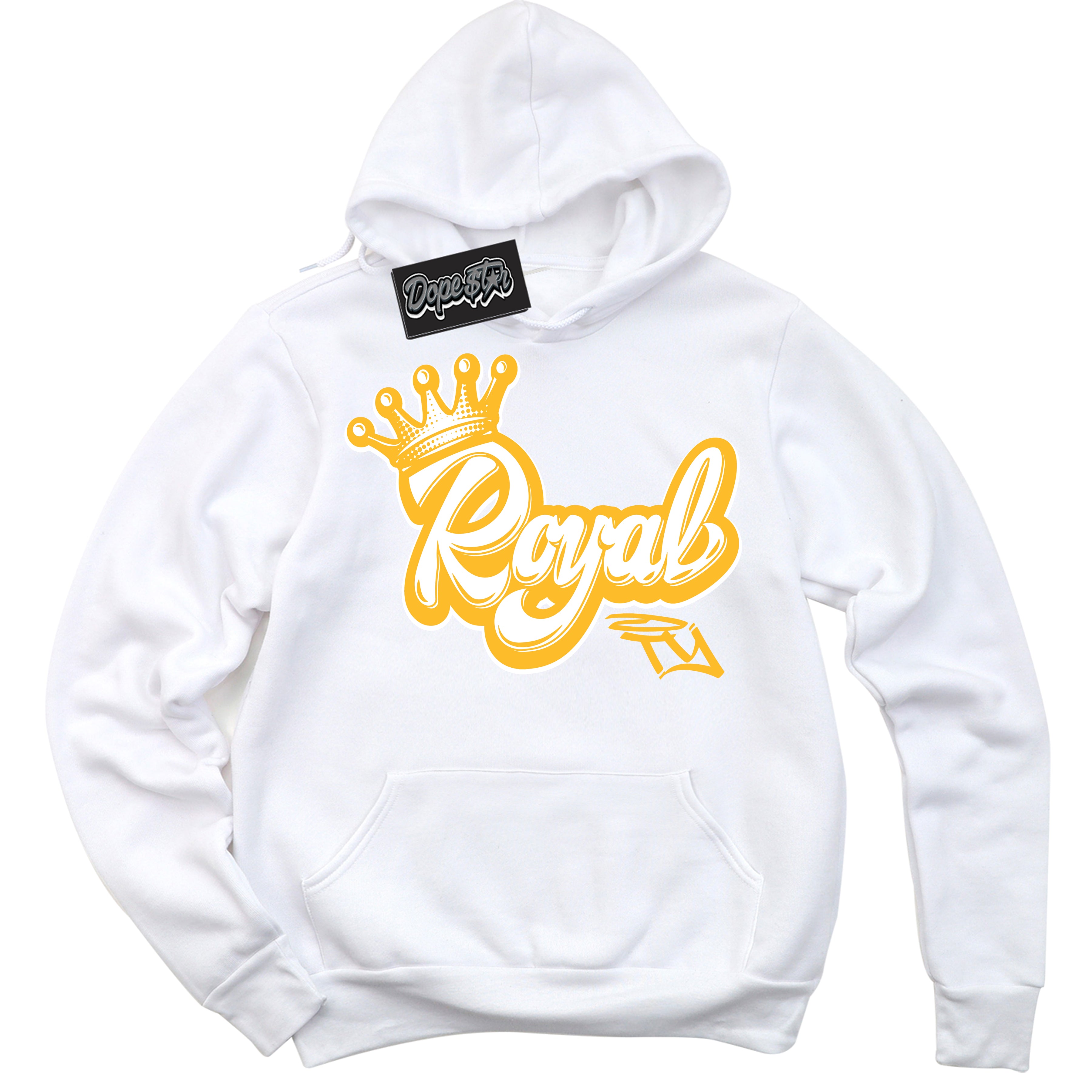 Cool White Hoodie with “ Royalty '' design that Perfectly Matches White University Gold Sneakers.