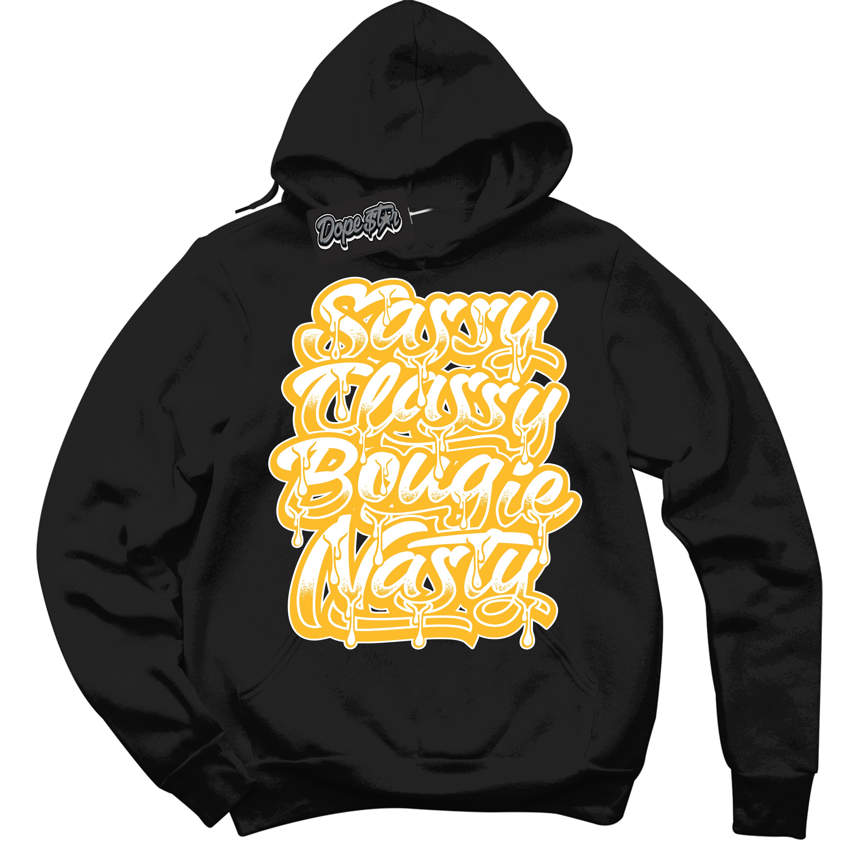 Cool Black Hoodie with “ Sassy Classy '' design that Perfectly Matches White University Gold Sneakers.