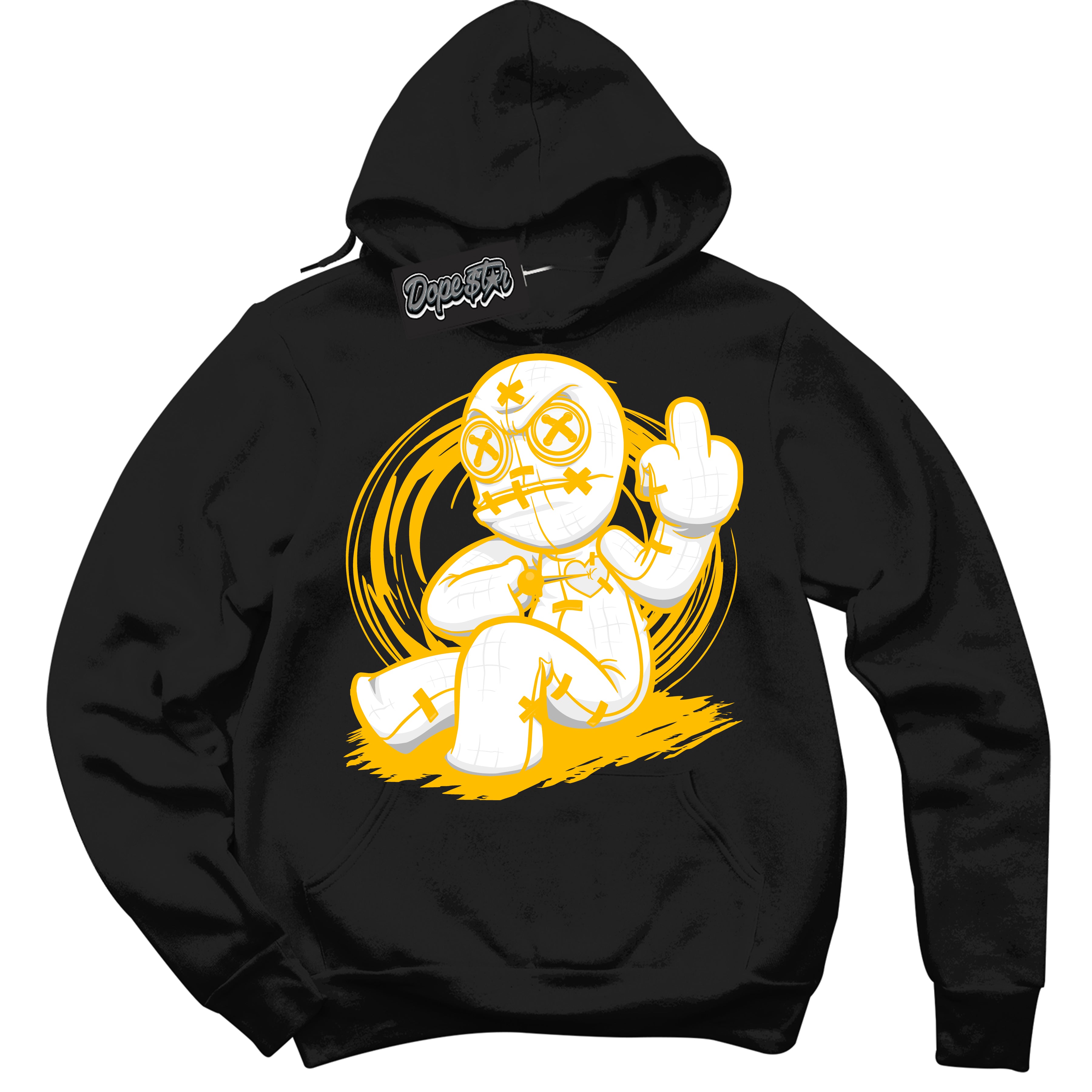 Cool Black Hoodie with “ VooDoo Doll '' design that Perfectly Matches  White University Gold Sneakers.