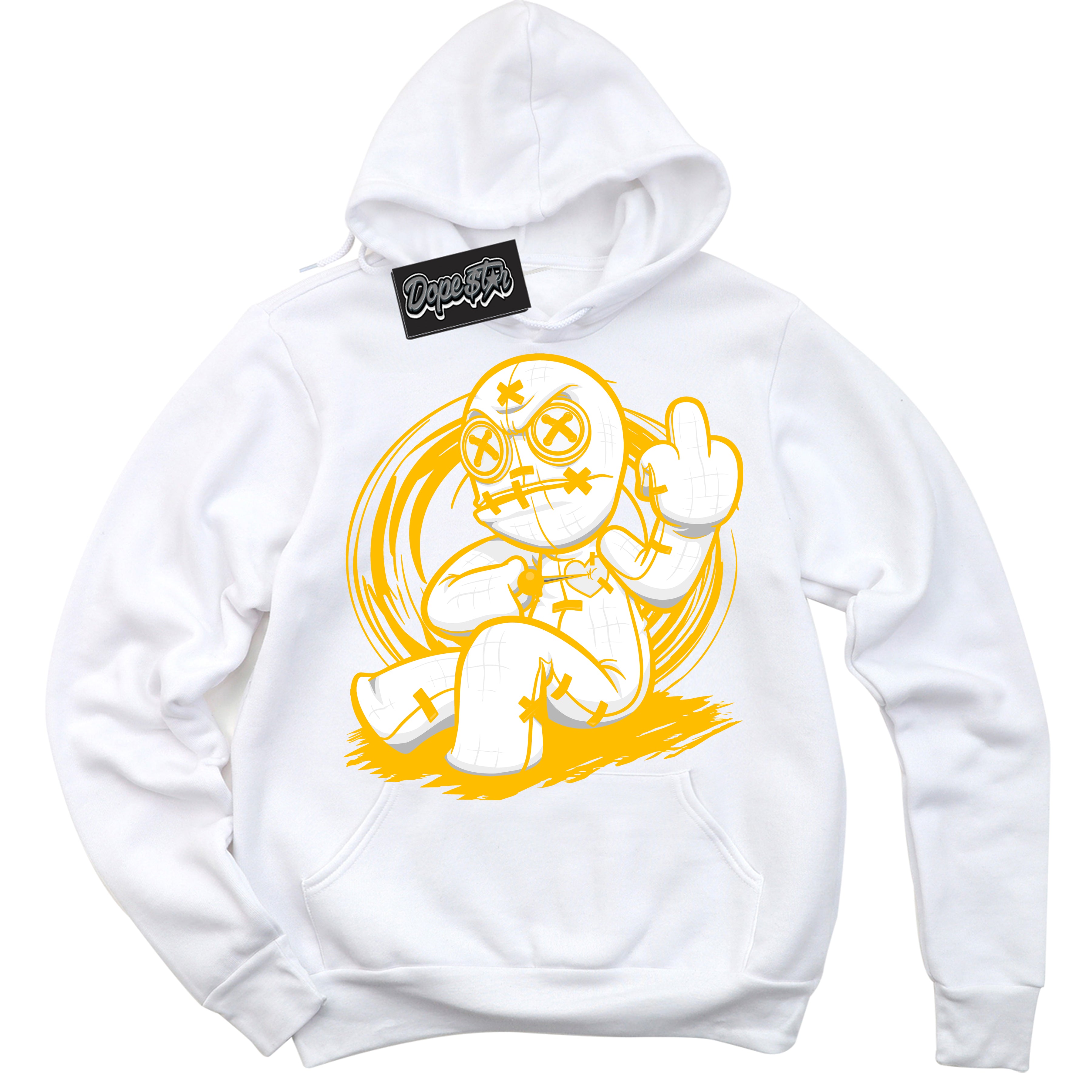 Cool White Hoodie with “ VooDoo Doll '' design that Perfectly Matches  White University Gold Sneakers.