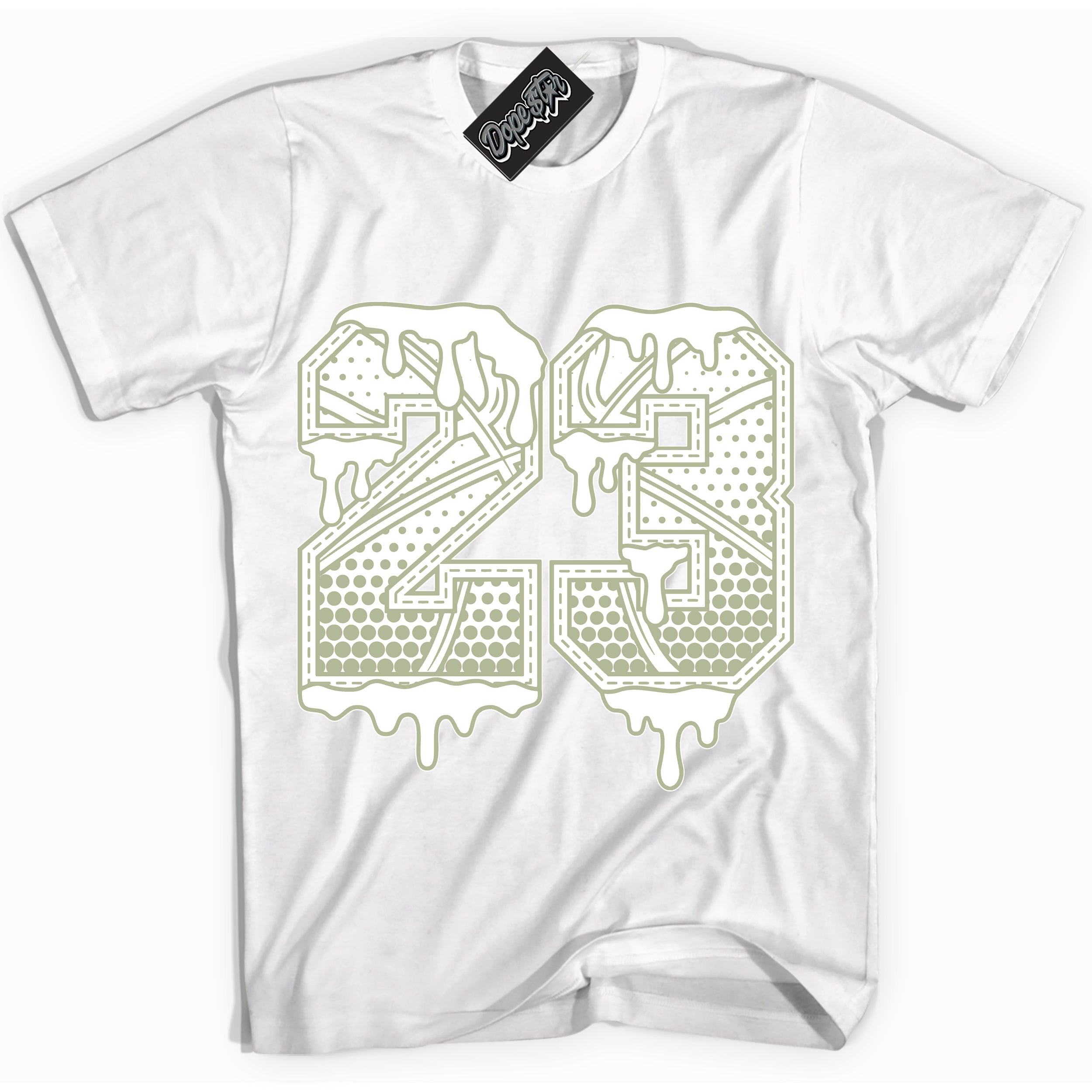Cool White Shirt with “ 23 Ball ” design that perfectly matches Next Nature Olive Aura Dunks.