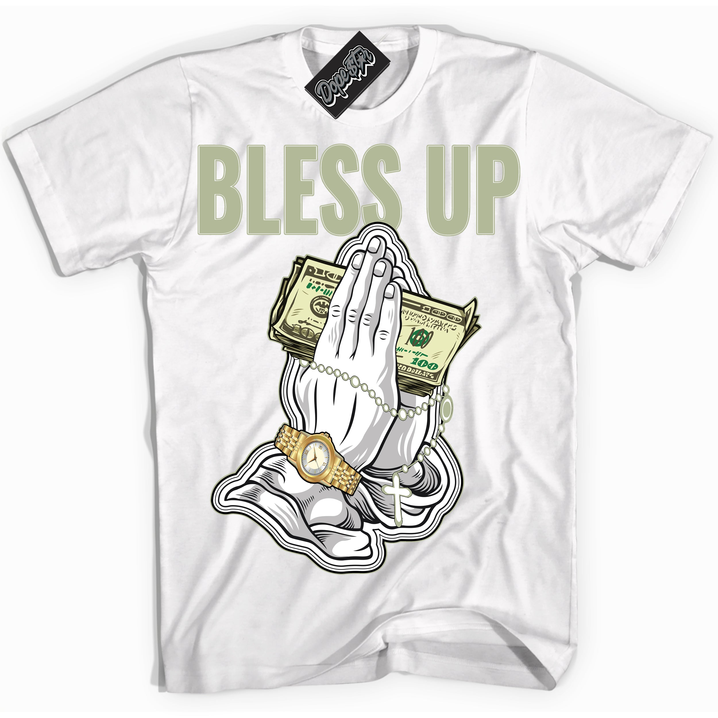 Cool White Shirt with “ Bless Up ” design that perfectly matches Next Nature Olive Aura Dunks.