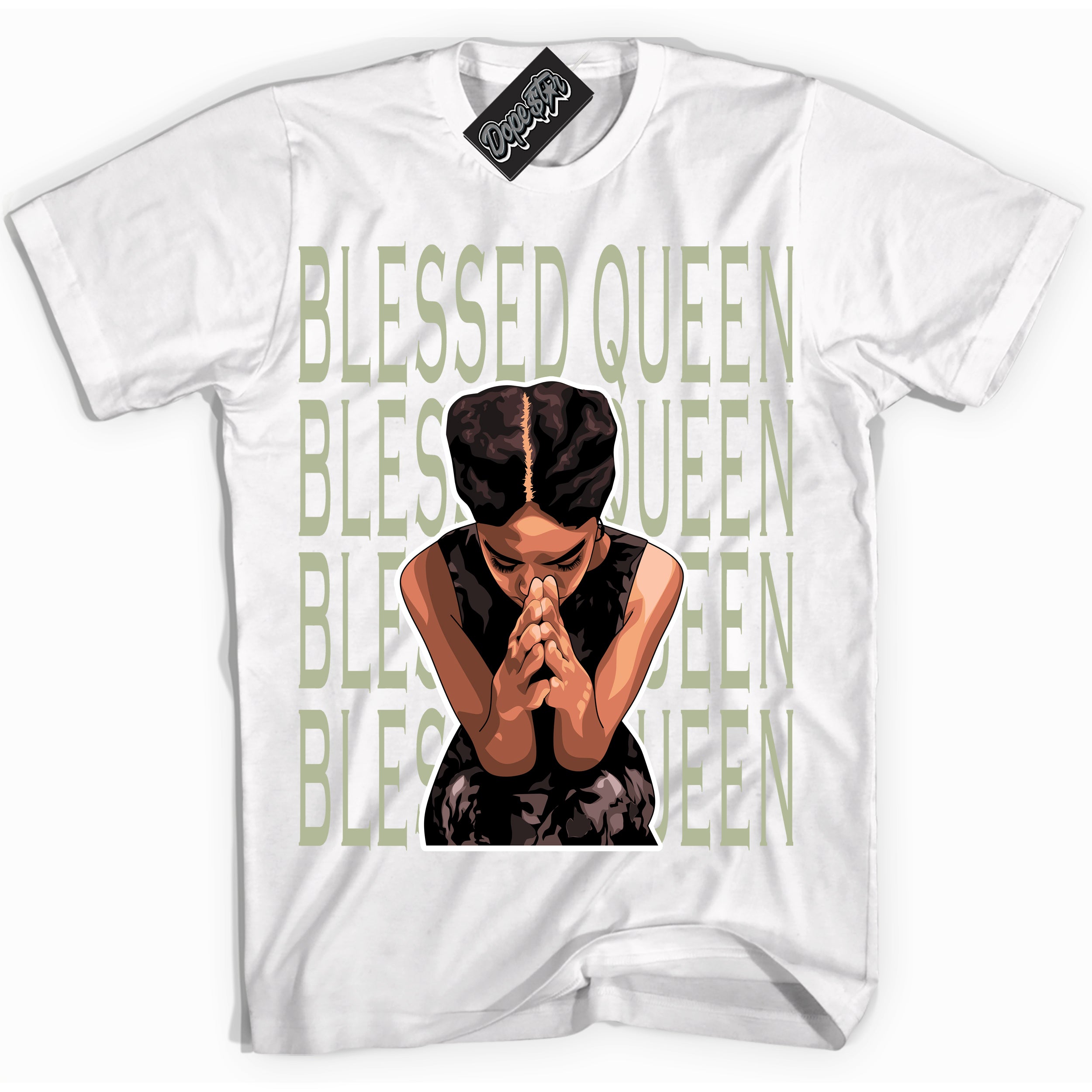 Cool White Shirt with “ Blessed Queen ” design that perfectly matches Next Nature Olive Aura Dunks.