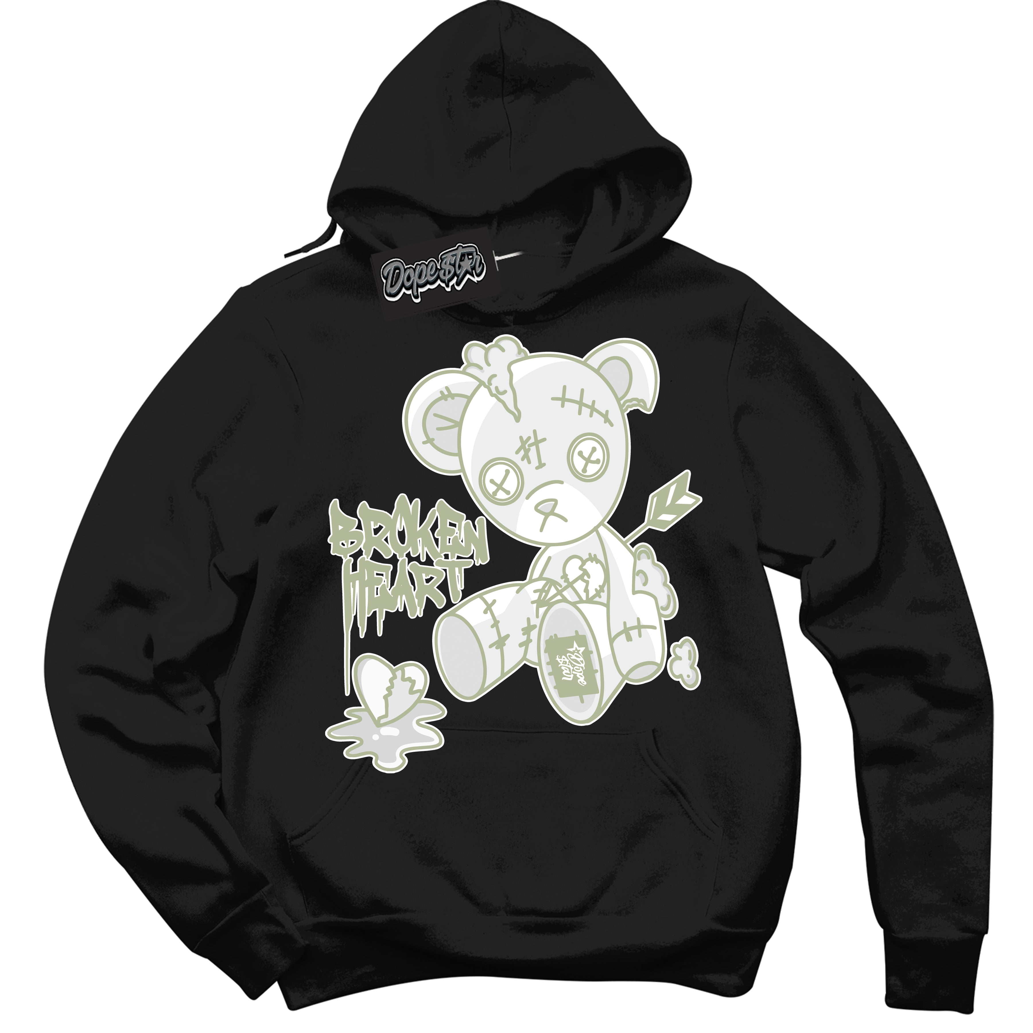 Cool Black Hoodie with “ Broken Heart Bear ”  design that Perfectly Matches Next Nature Olive Aura Dunks.