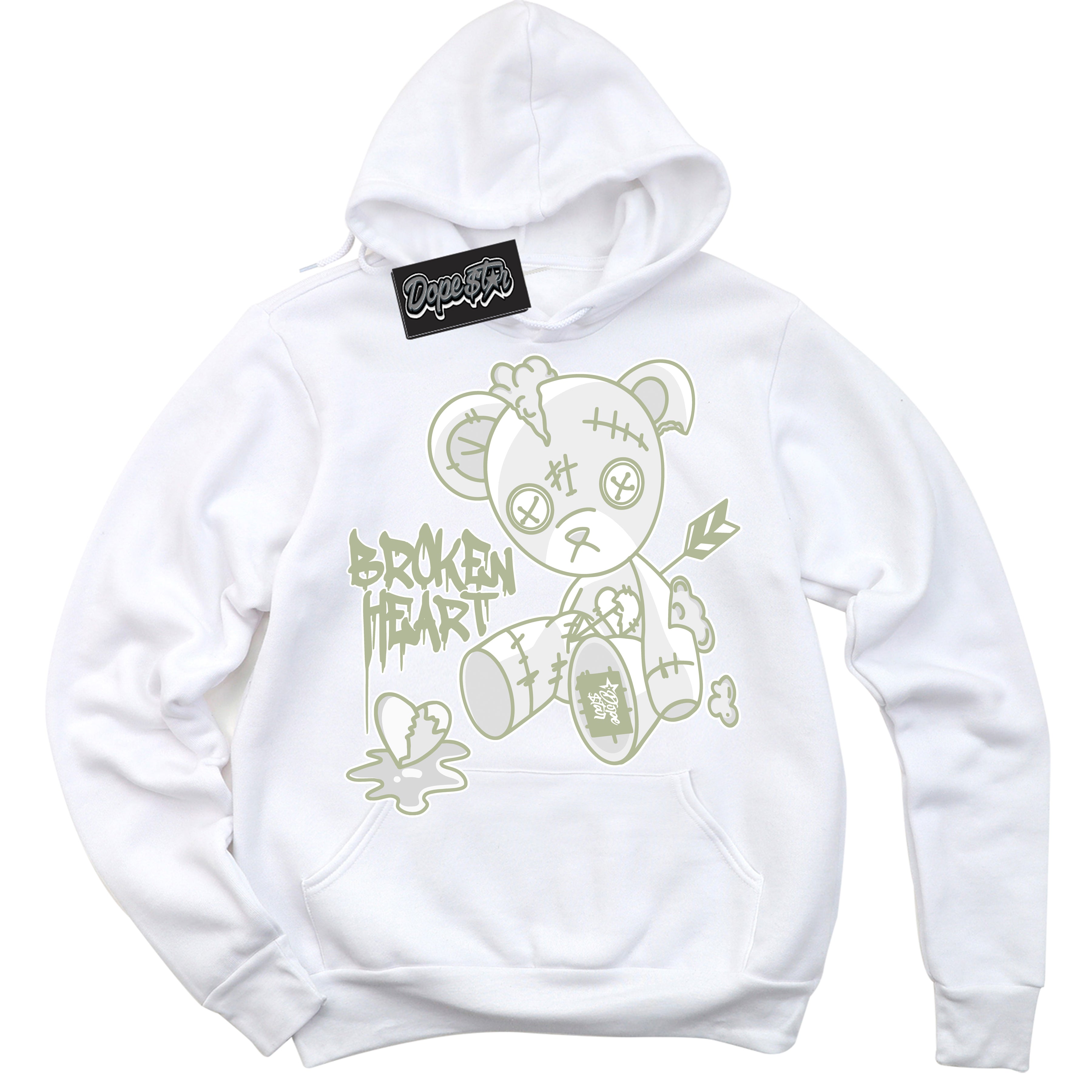 Cool White Hoodie with “ Broken Heart Bear ”  design that Perfectly Matches Next Nature Olive Aura Dunks.