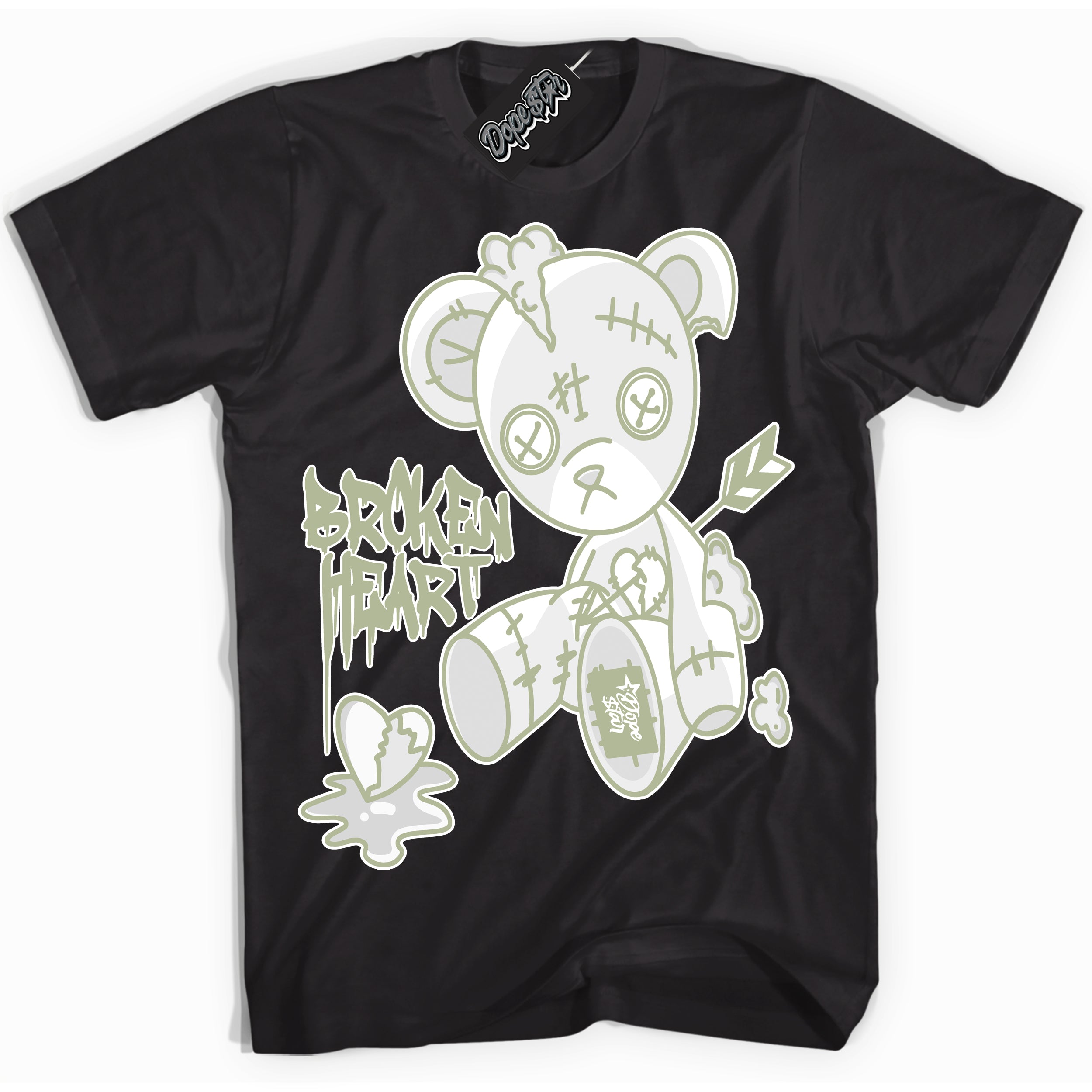 Cool Black Shirt with “ Broken Heart Bear ” design that perfectly matches Next Nature Olive Aura Dunks.