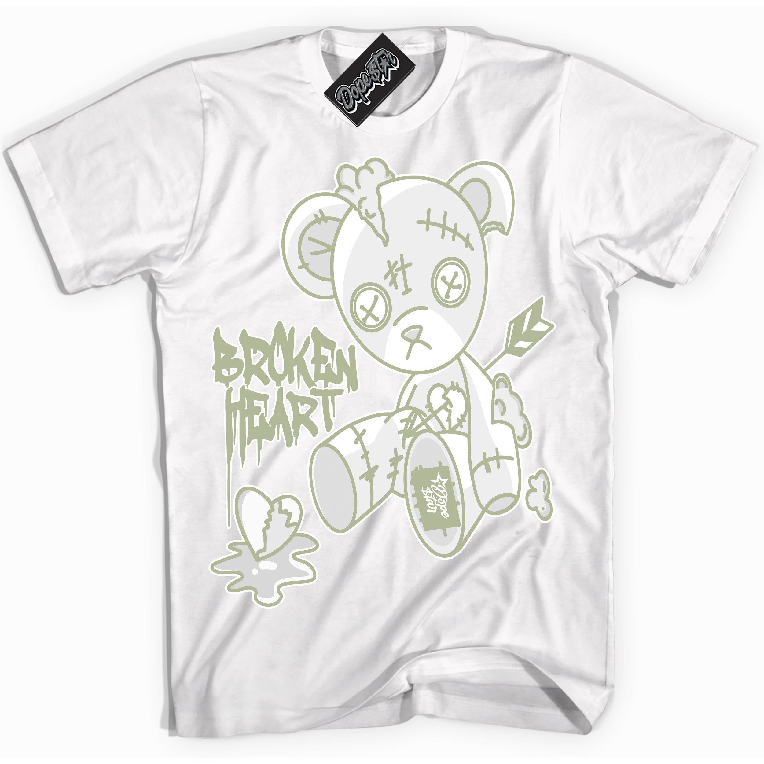 Cool White Shirt with “ Broken Heart Bear ” design that perfectly matches Next Nature Olive Aura Dunks.
