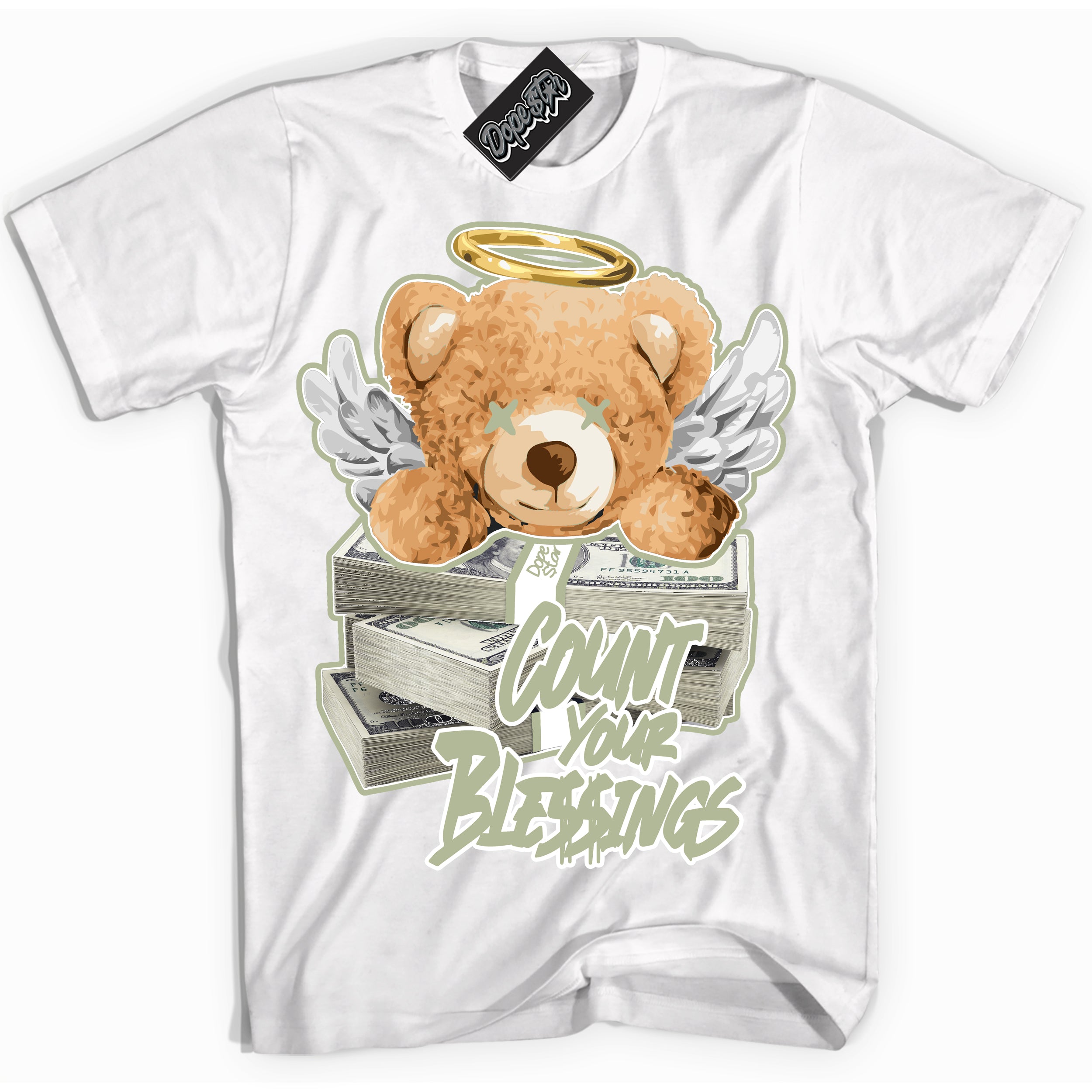 Cool White Shirt with “ Count Your Blessings ” design that perfectly matches Next Nature Olive Aura Dunks.