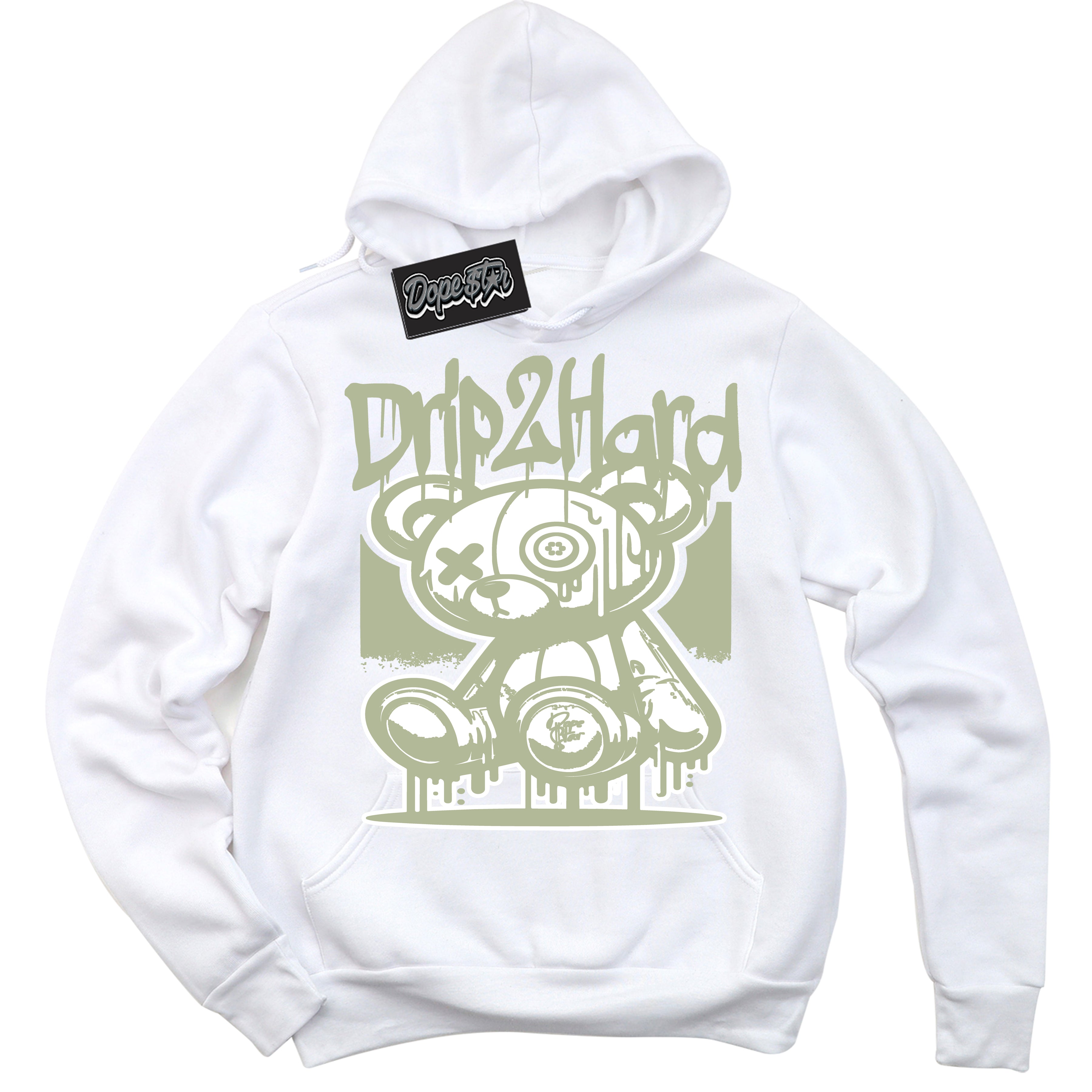 Cool White Hoodie with “ Drip 2 Hard ”  design that Perfectly Matches Next Nature Olive Aura Dunks.