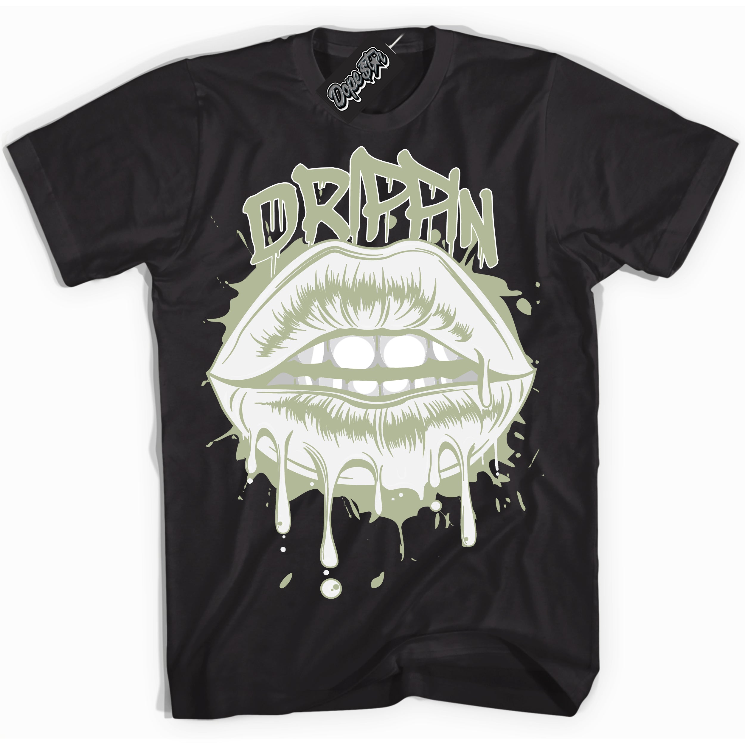 Cool Black Shirt with “ Drippin ” design that perfectly matches Next Nature Olive Aura Dunks.