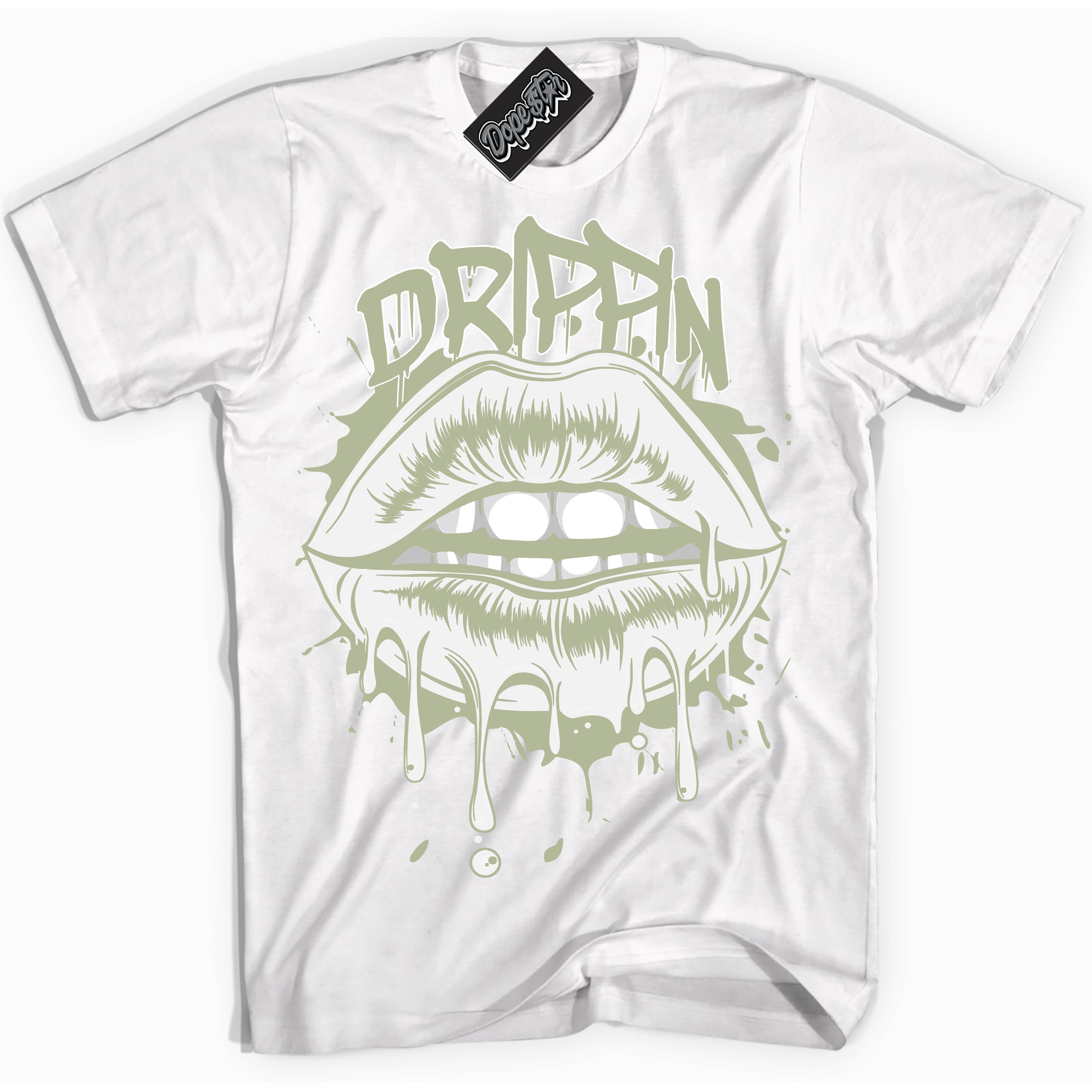 Cool White Shirt with “ Drippin ” design that perfectly matches Next Nature Olive Aura Dunks.