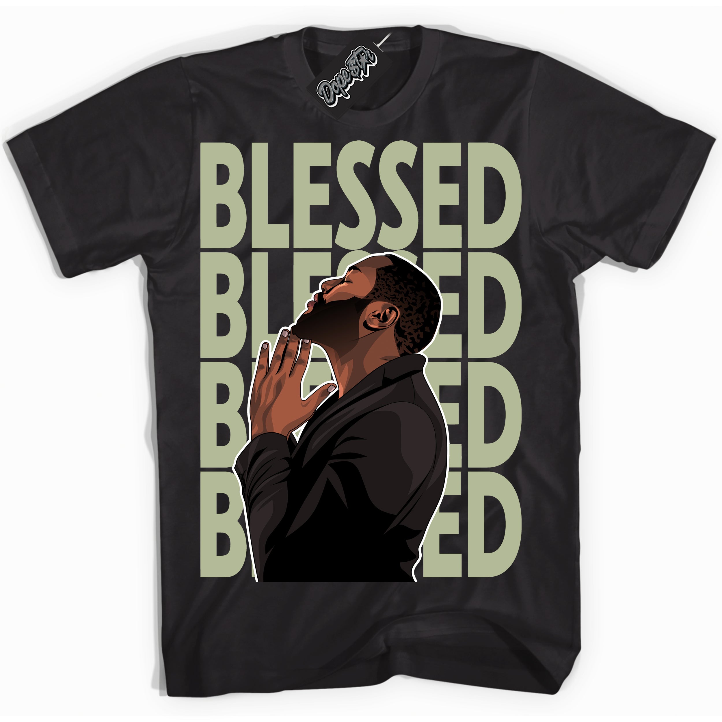 Cool Black Shirt with “ God Blessed ” design that perfectly matches Next Nature Olive Aura Dunks.