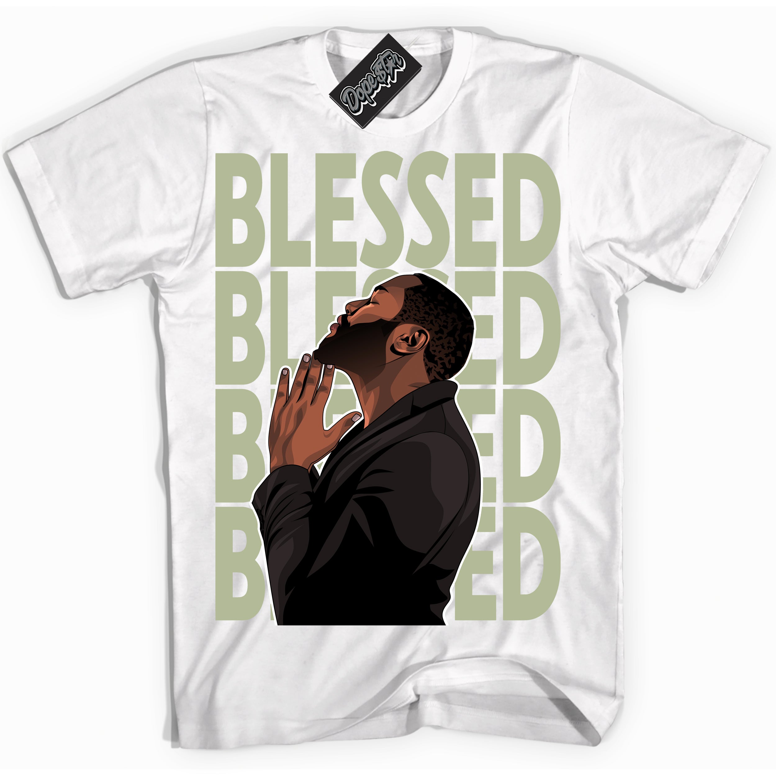 Cool White Shirt with “ God Blessed ” design that perfectly matches Next Nature Olive Aura Dunks.