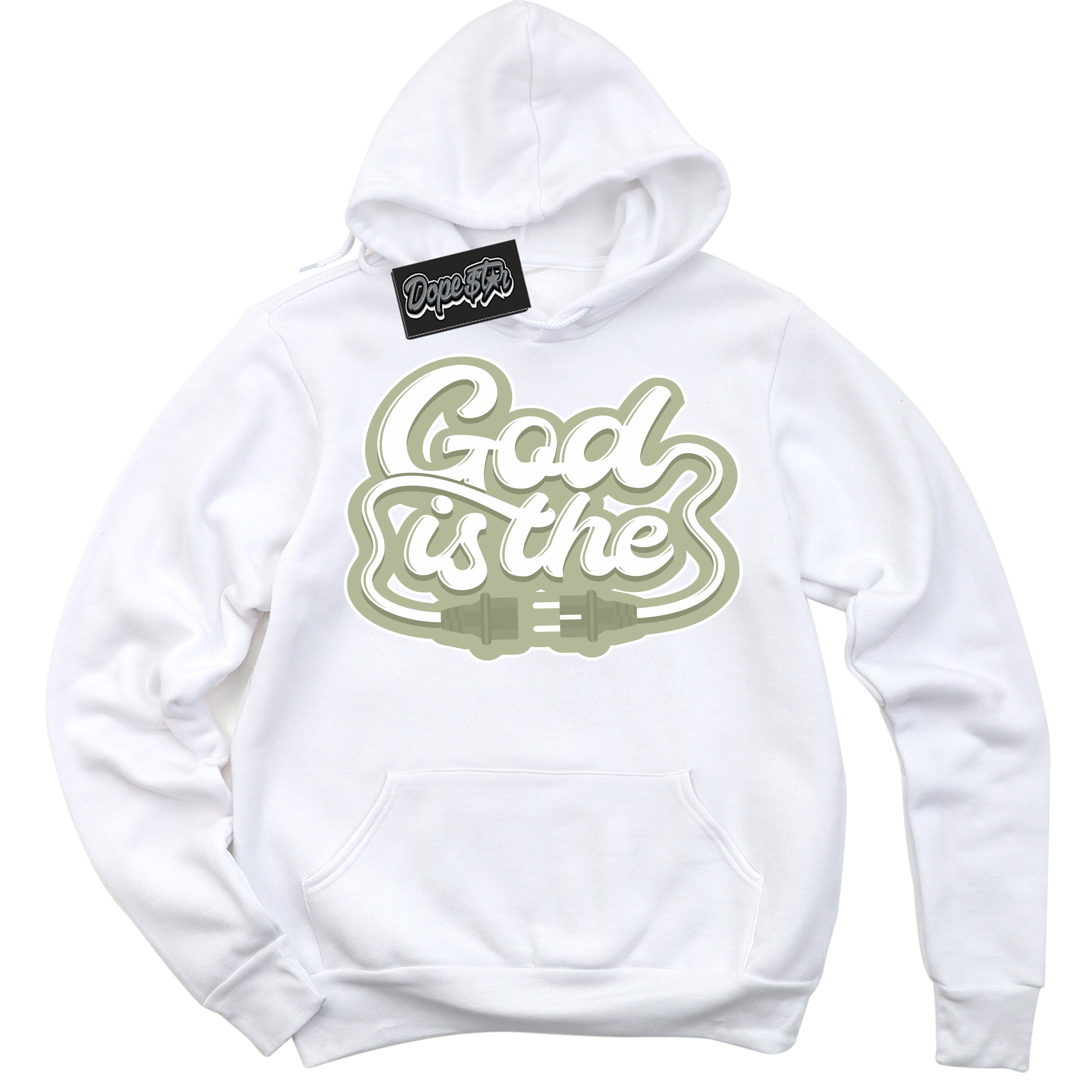 Cool White Hoodie with “ God Is The ”  design that Perfectly Matches Next Nature Olive Aura Dunks.
