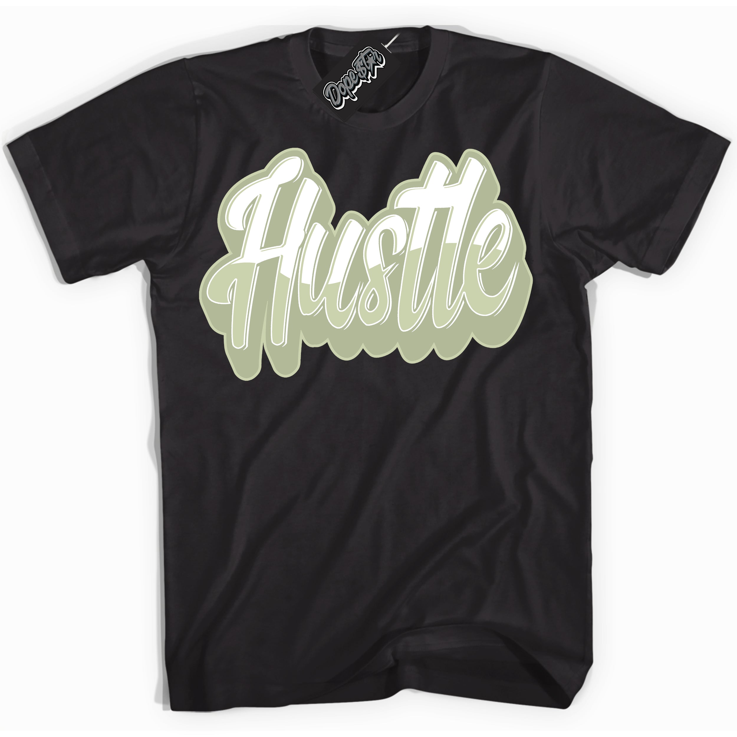 Cool Black Shirt with “ Hustle ” design that perfectly matches Next Nature Olive Aura Dunks.