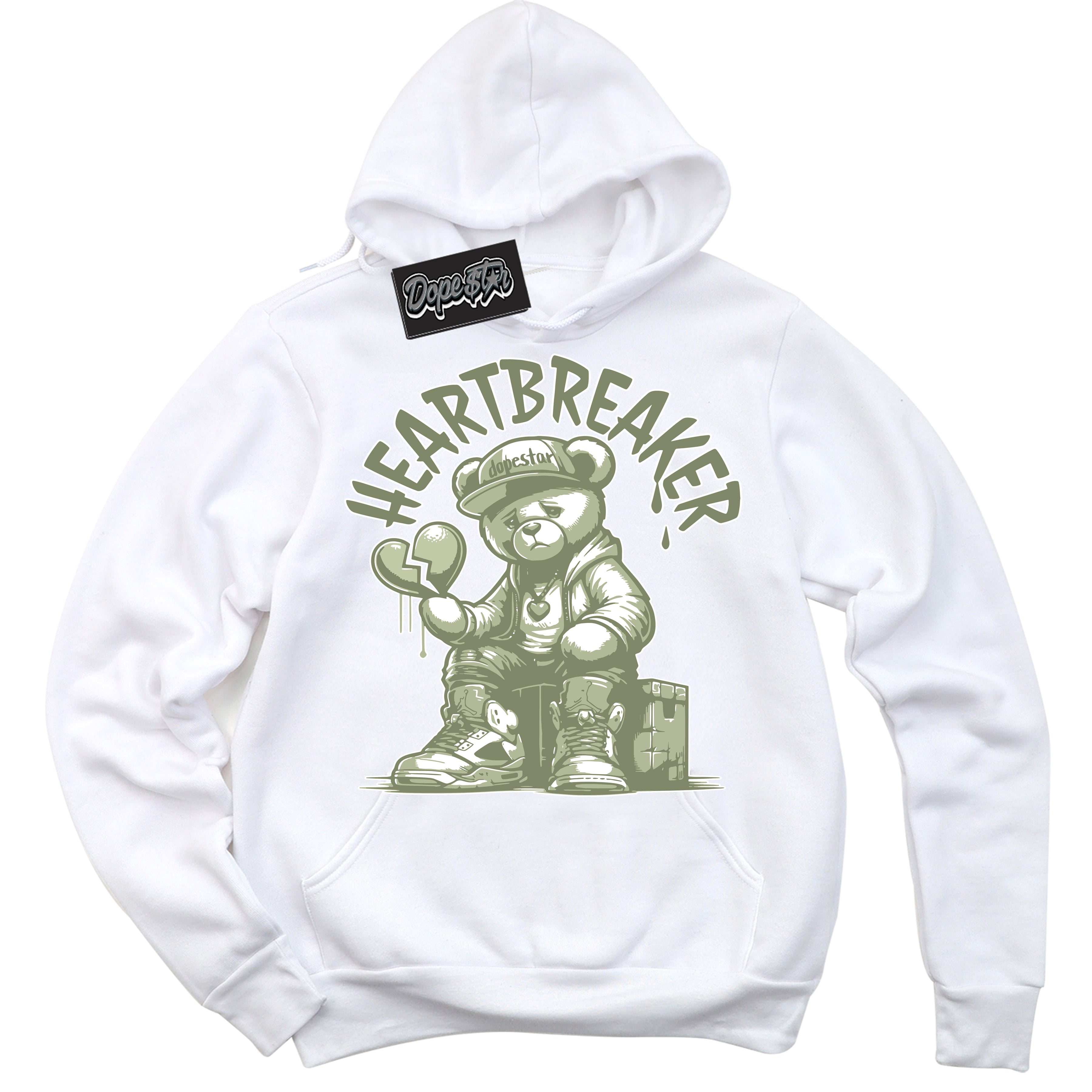 Cool White Hoodie with “ Heartbreaker Bear ”  design that Perfectly Matches Next Nature Olive Aura Dunks.