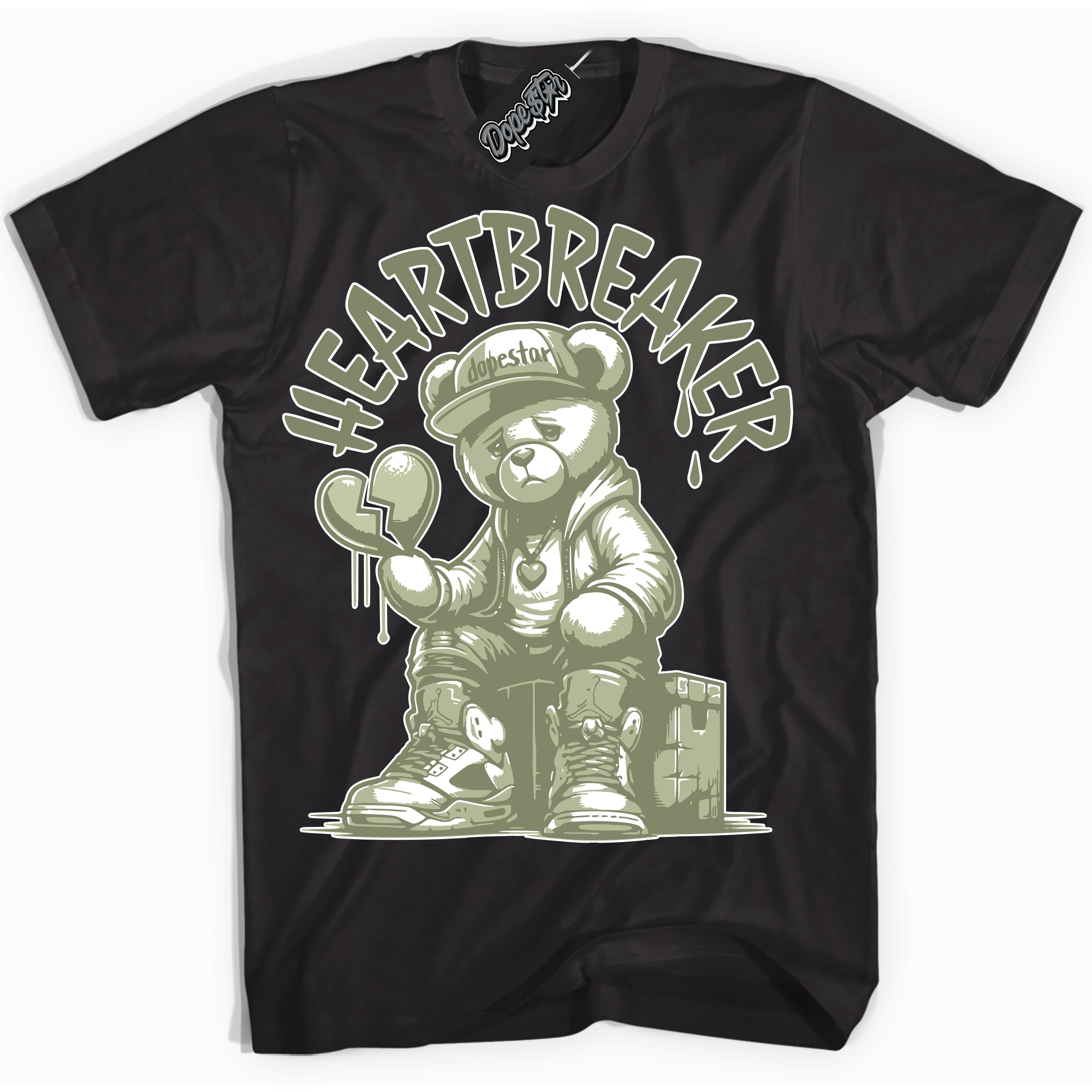 Cool Black Shirt with “ Heartbreaker Bear ” design that perfectly matches Next Nature Olive Aura Dunks.