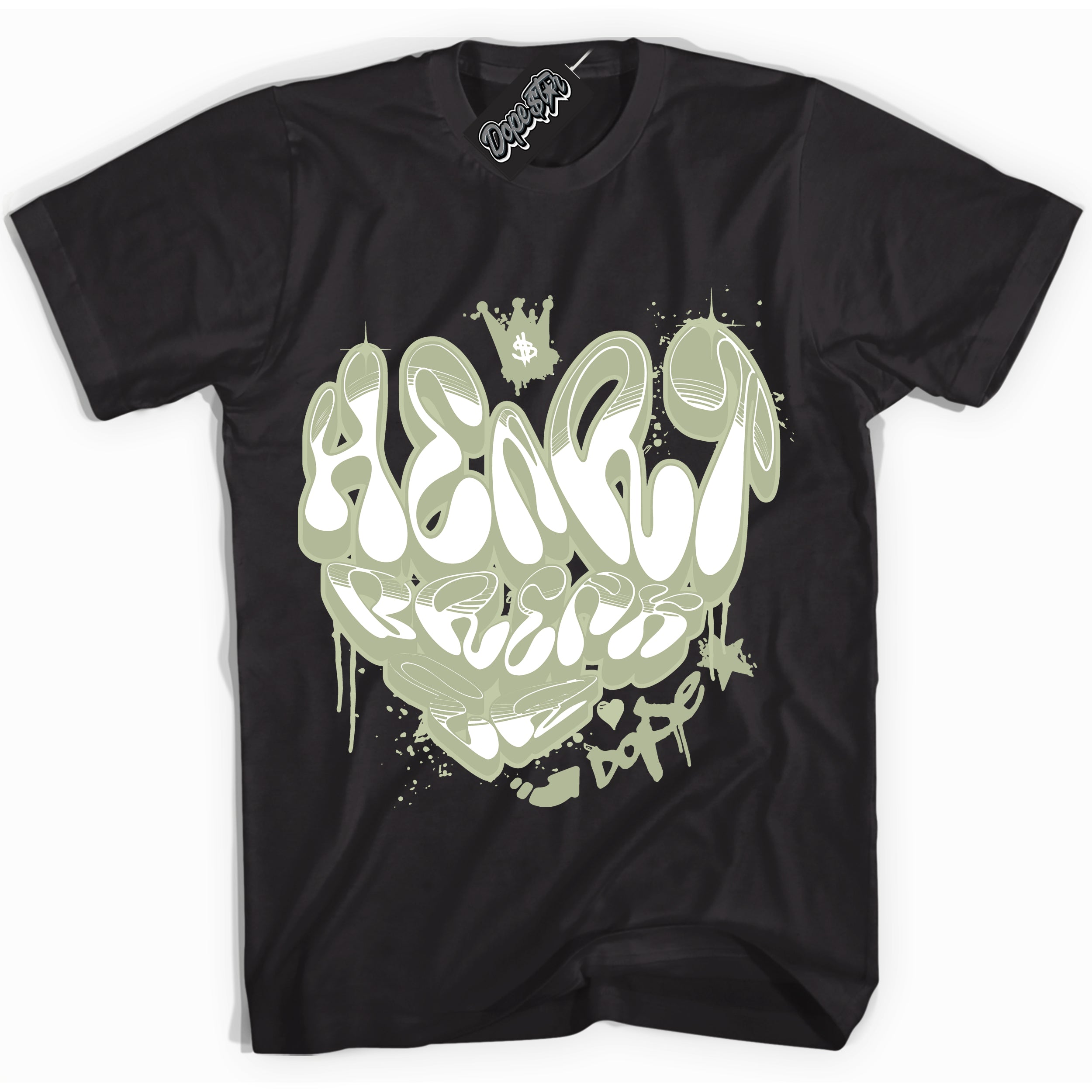 Cool Black Shirt with “ Heartbreaker Graffiti ” design that perfectly matches Next Nature Olive Aura Dunks.
