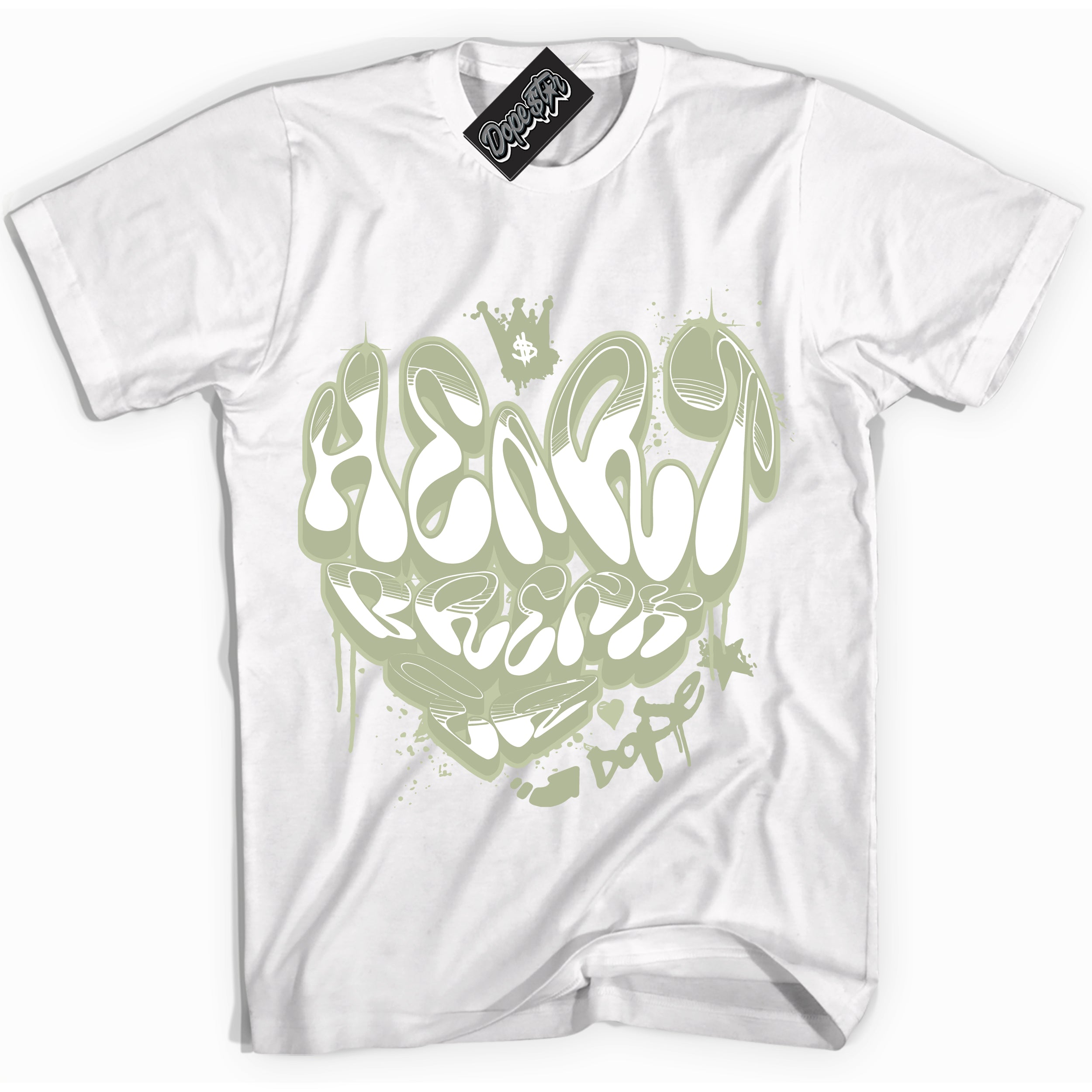 Cool White Shirt with “ Heartbreaker Graffiti ” design that perfectly matches Next Nature Olive Aura Dunks.