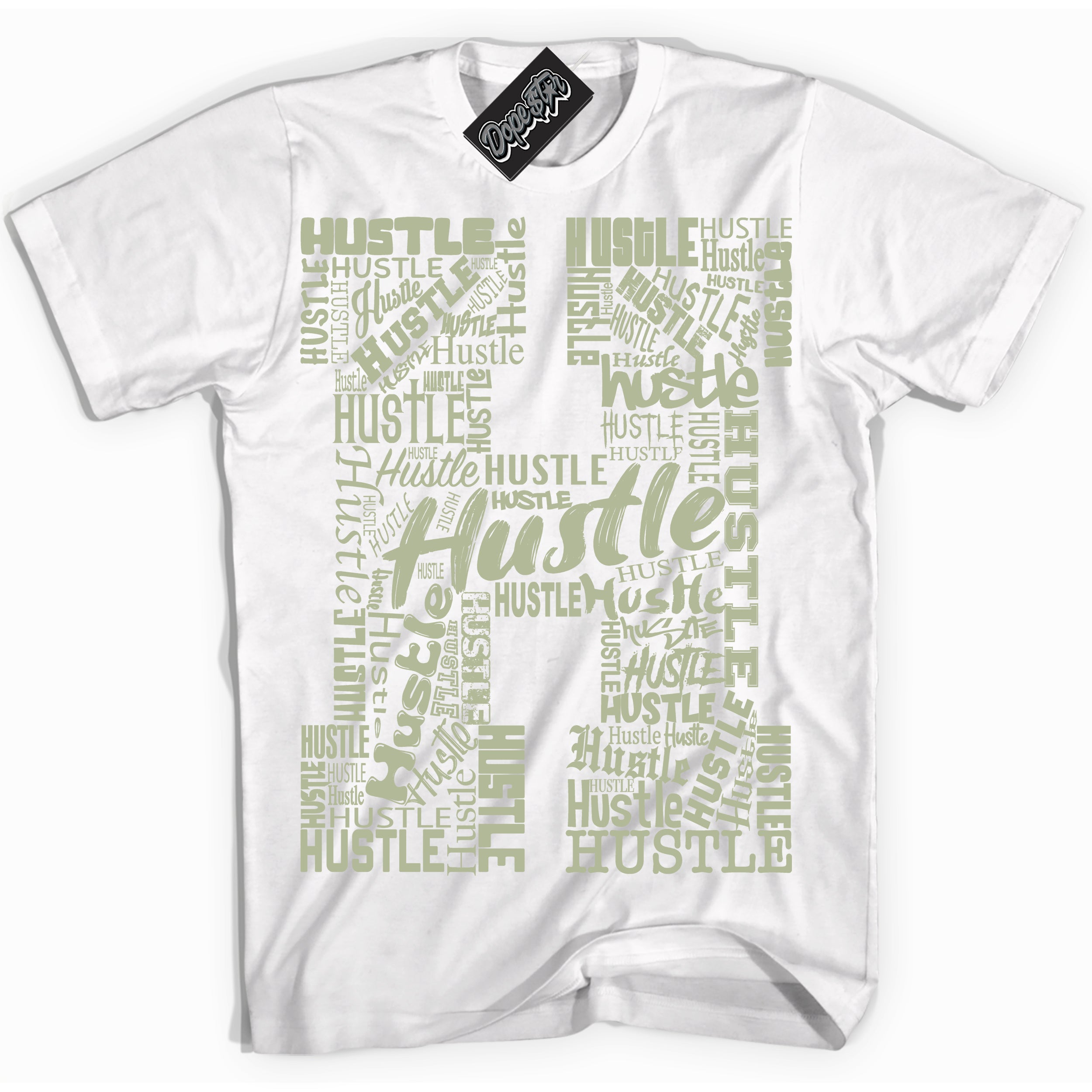 Cool White Shirt with “ Hustle H ” design that perfectly matches Next Nature Olive Aura Dunks.