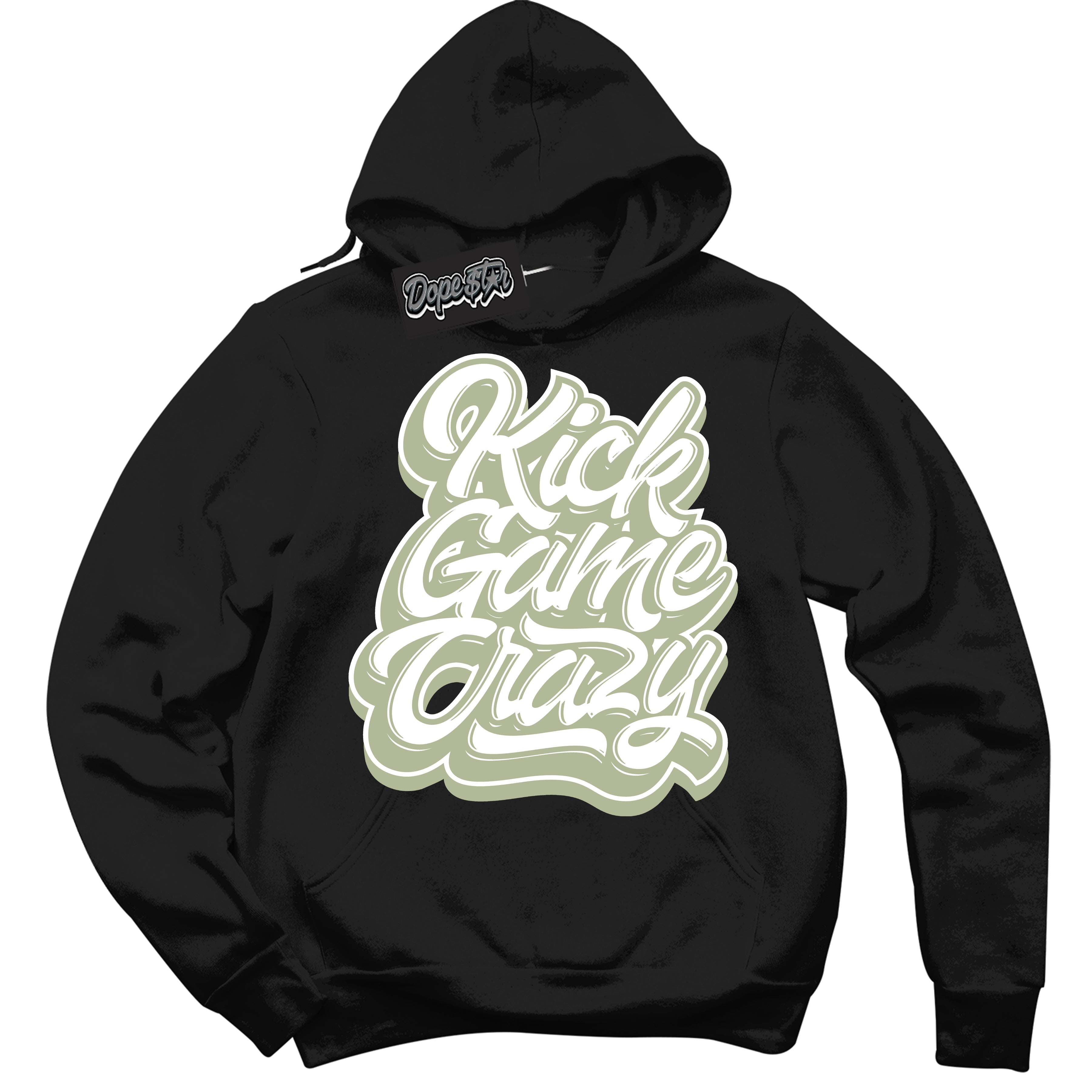 Cool Black Hoodie with “ Kick Game Crazy ”  design that Perfectly Matches Next Nature Olive Aura Dunks.