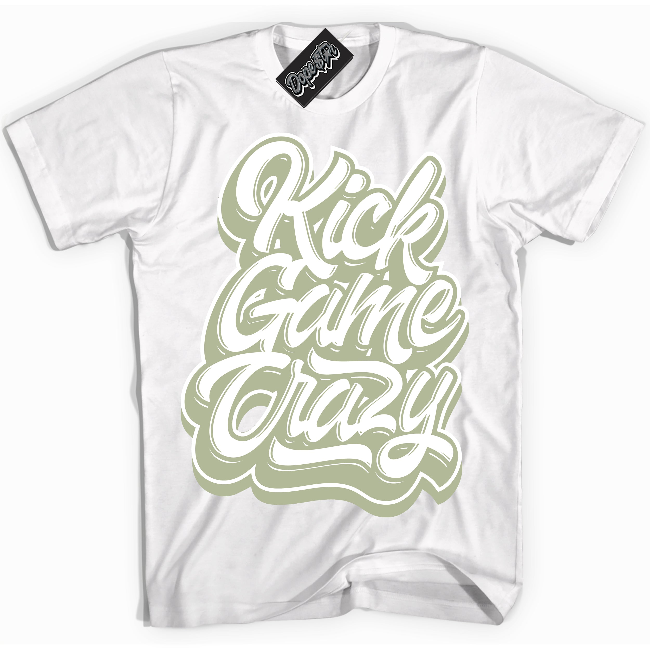Cool White Shirt with “ Kick Game Crazy ” design that perfectly matches Next Nature Olive Aura Dunks.
