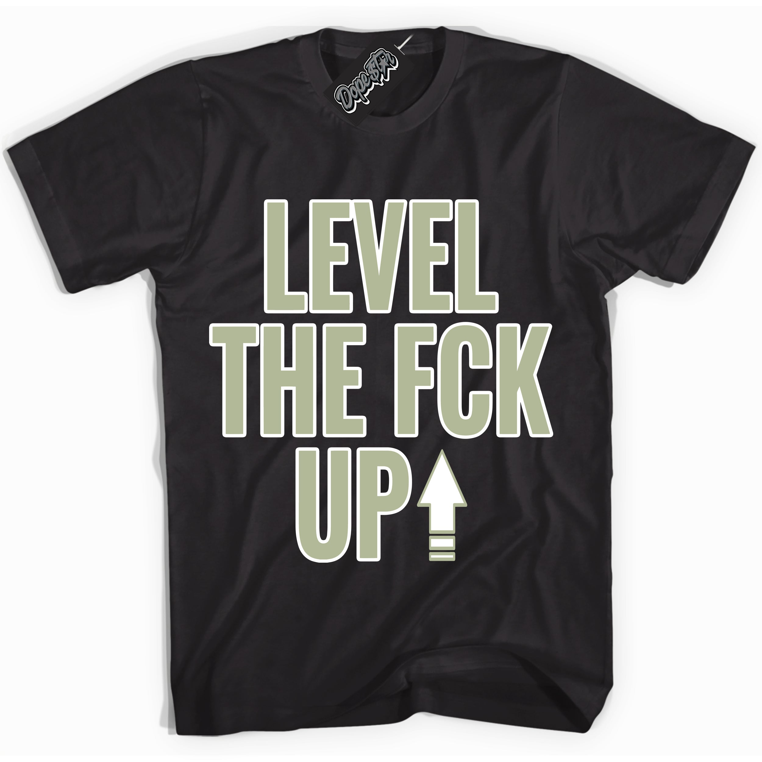 Cool Black Shirt with “ Level The Fck Up ” design that perfectly matches Next Nature Olive Aura Dunks.