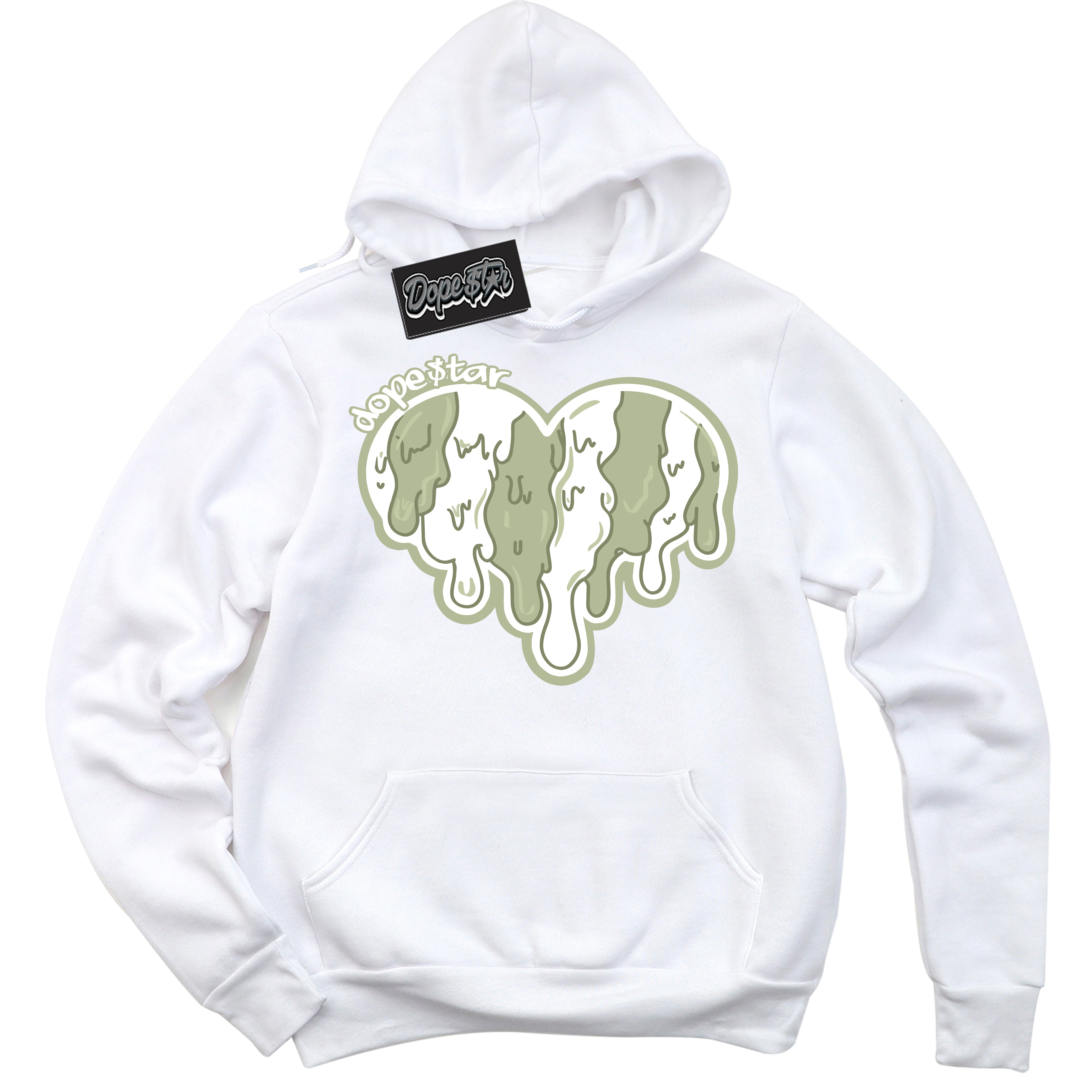 Cool White Hoodie with “ Melting Heart ”  design that Perfectly Matches Next Nature Olive Aura Dunks.