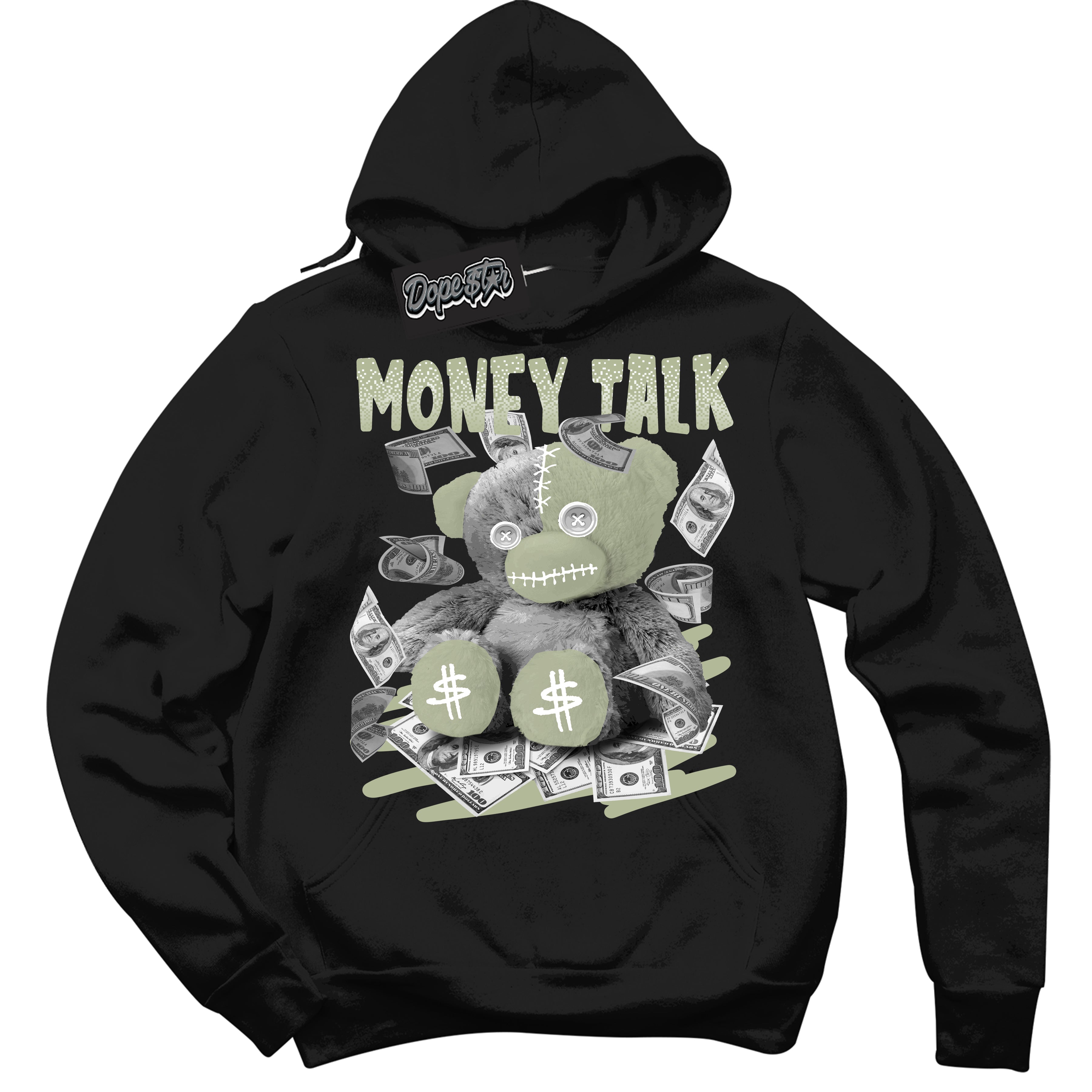 Cool Black Hoodie with “ Money Talk Bear ”  design that Perfectly Matches Next Nature Olive Aura Dunks.