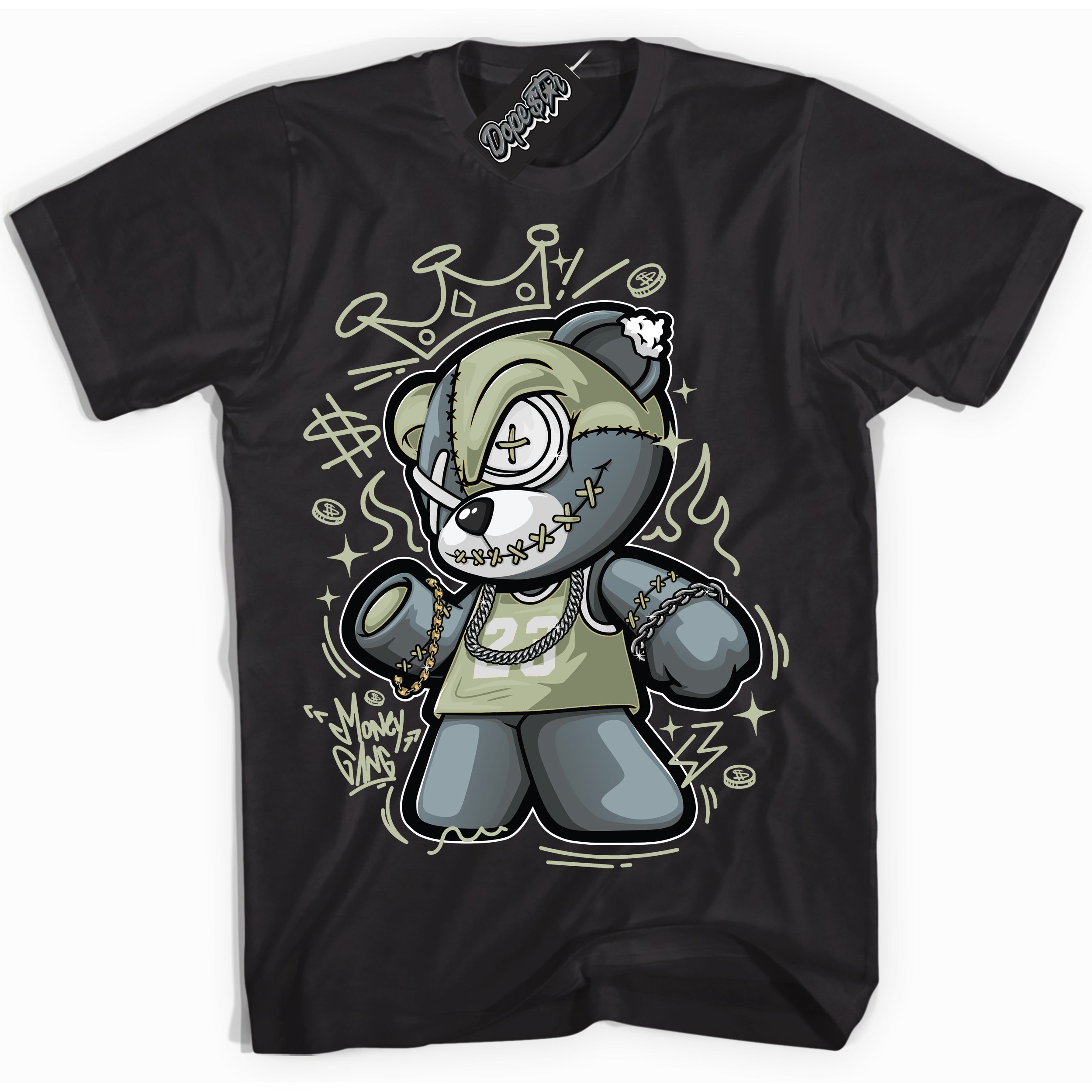 Cool Black Shirt with “ Money Gang Bear ” design that perfectly matches Next Nature Olive Aura Dunks.