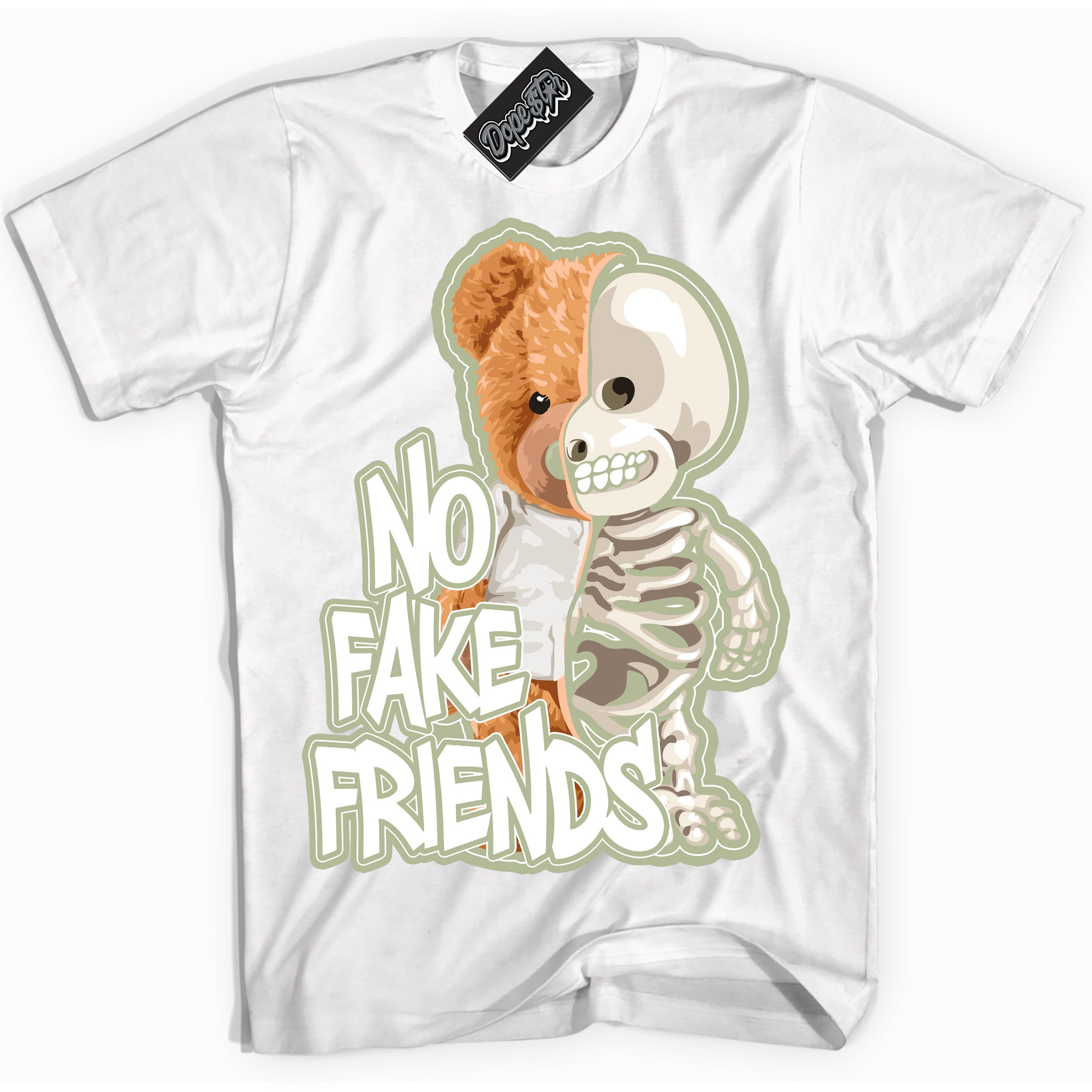 Cool White Shirt with “ No Fake Friends ” design that perfectly matches Next Nature Olive Aura Dunks.