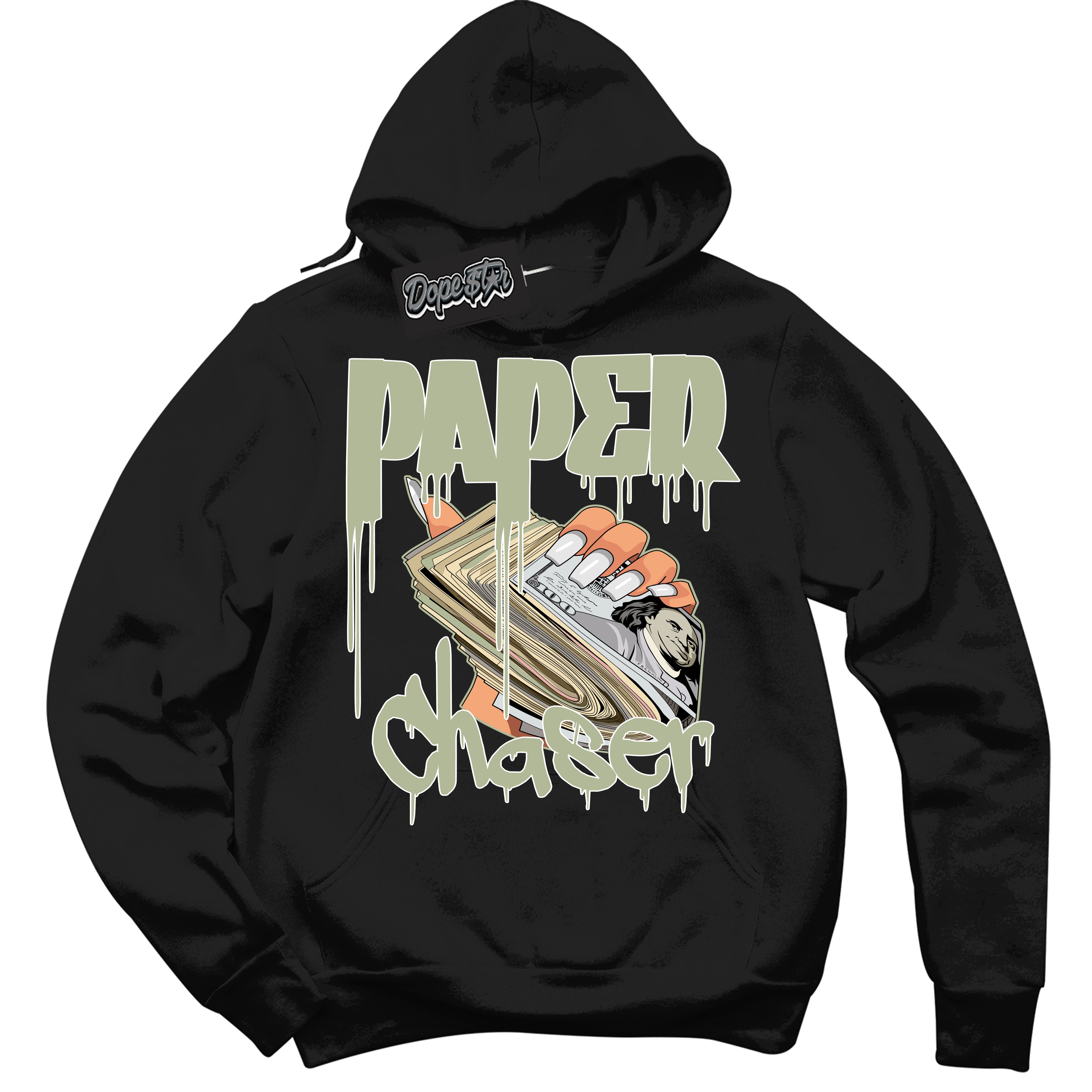 Cool Black Hoodie with “ Paper Chaser ”  design that Perfectly Matches Next Nature Olive Aura Dunks.