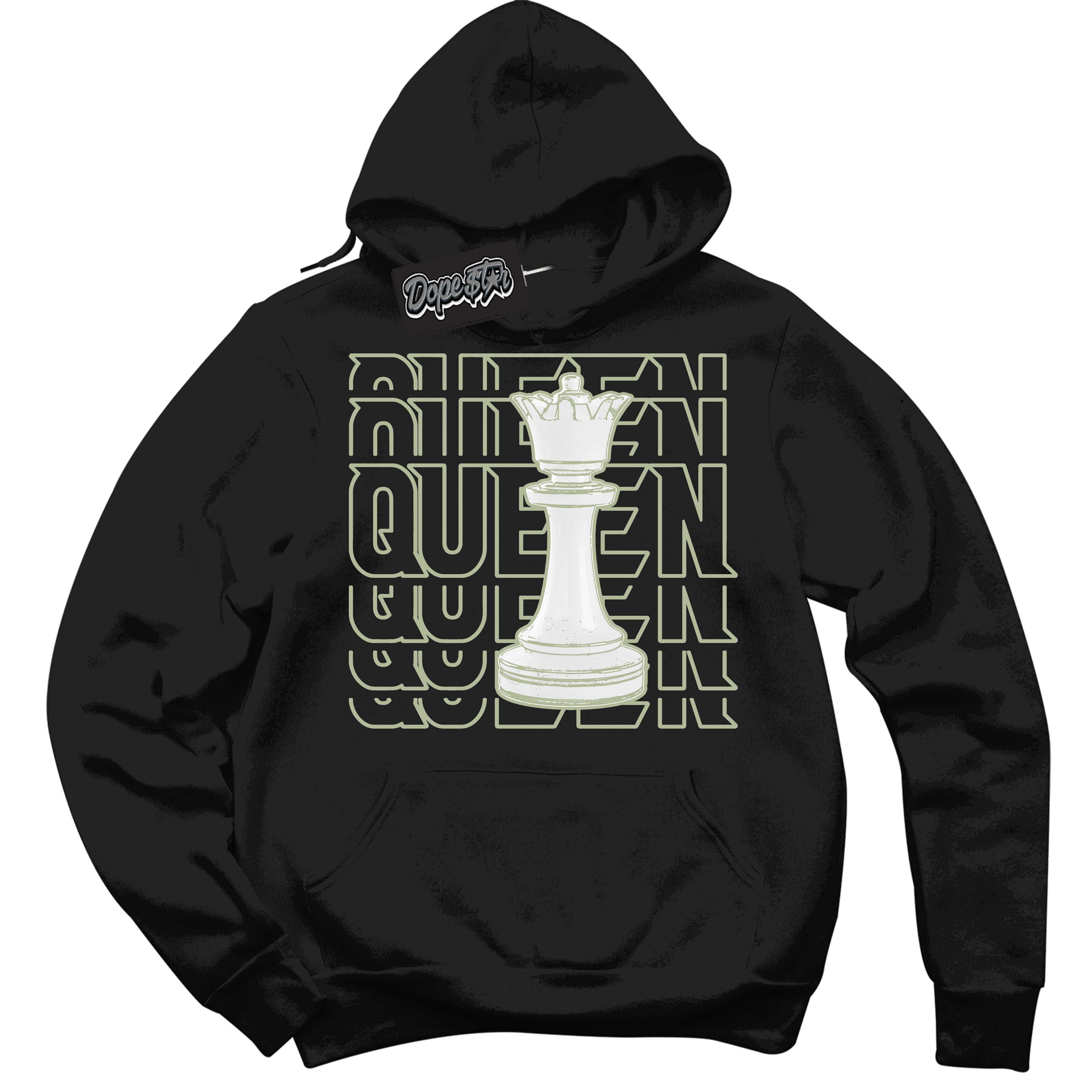 Cool Black Hoodie with “ Queen Chess ”  design that Perfectly Matches Next Nature Olive Aura Dunks.