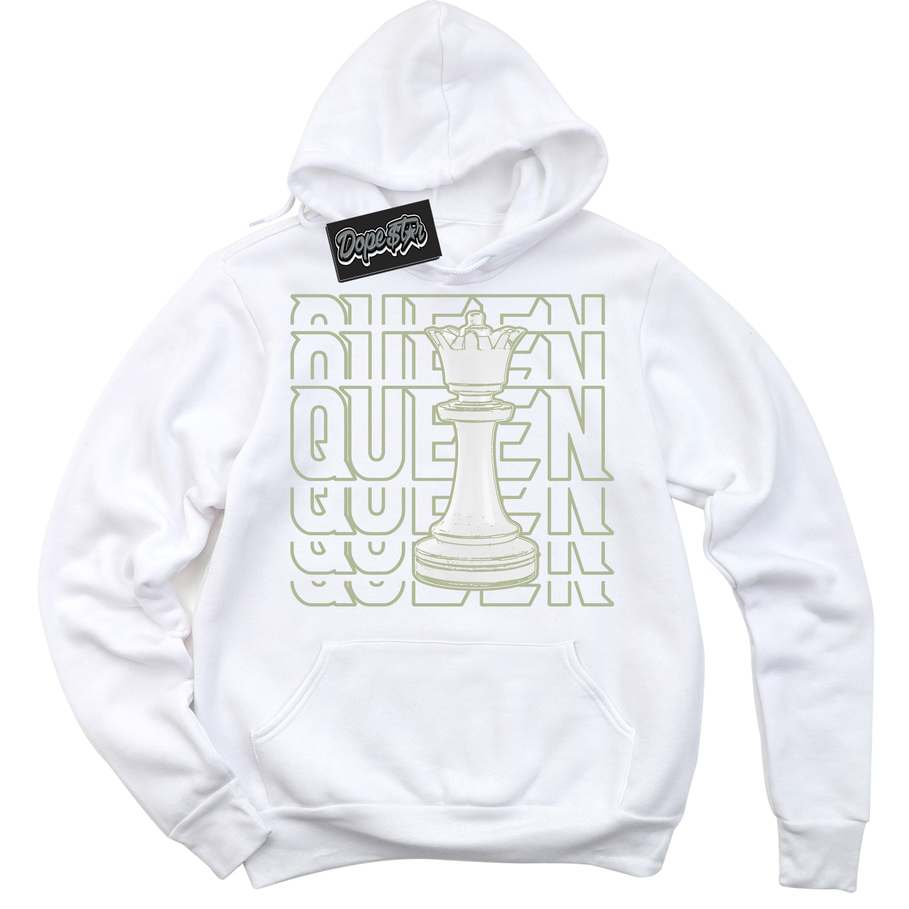 Cool White Hoodie with “ Queen Chess ”  design that Perfectly Matches Next Nature Olive Aura Dunks.