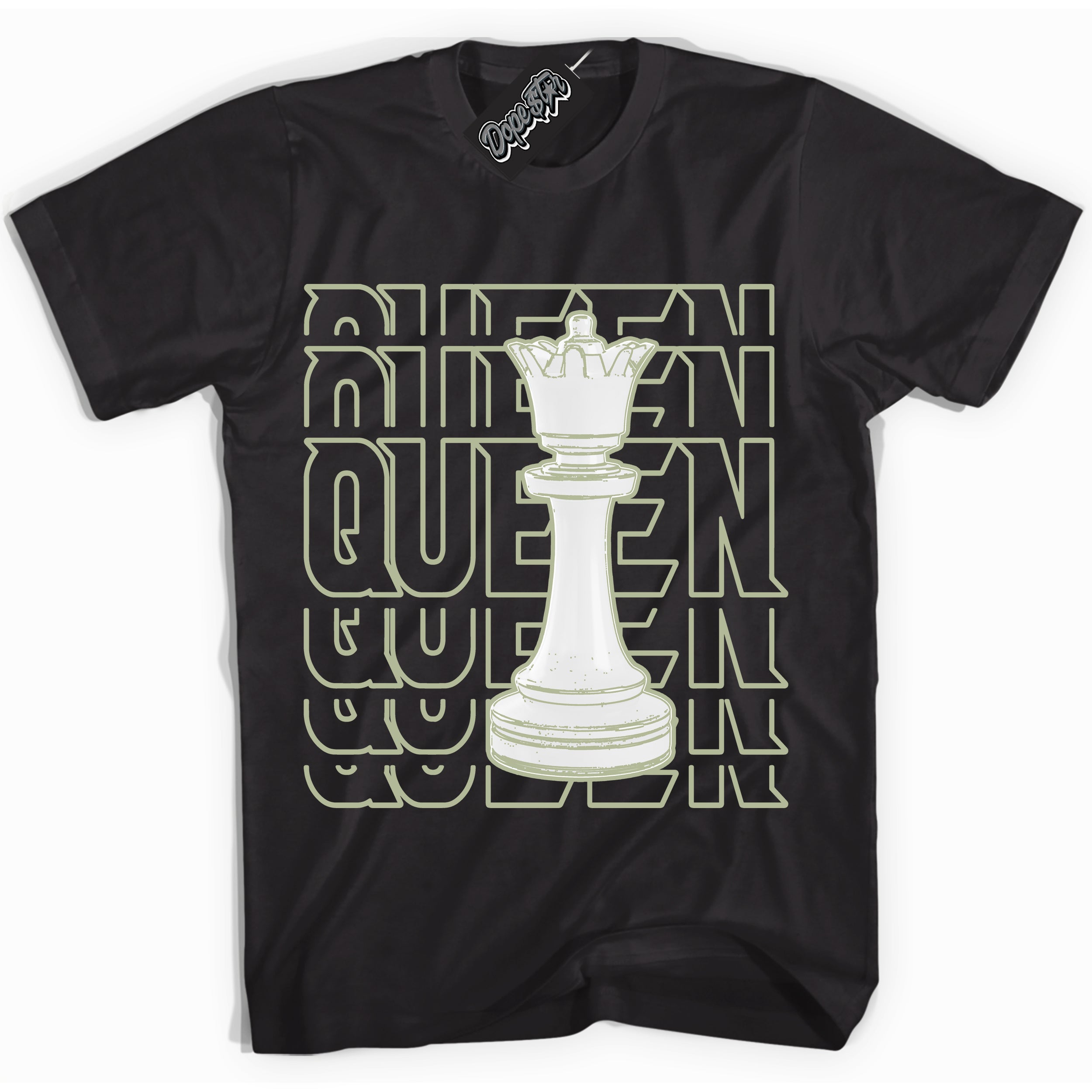 Cool Black Shirt with “ Queen Chess ” design that perfectly matches Next Nature Olive Aura Dunks.