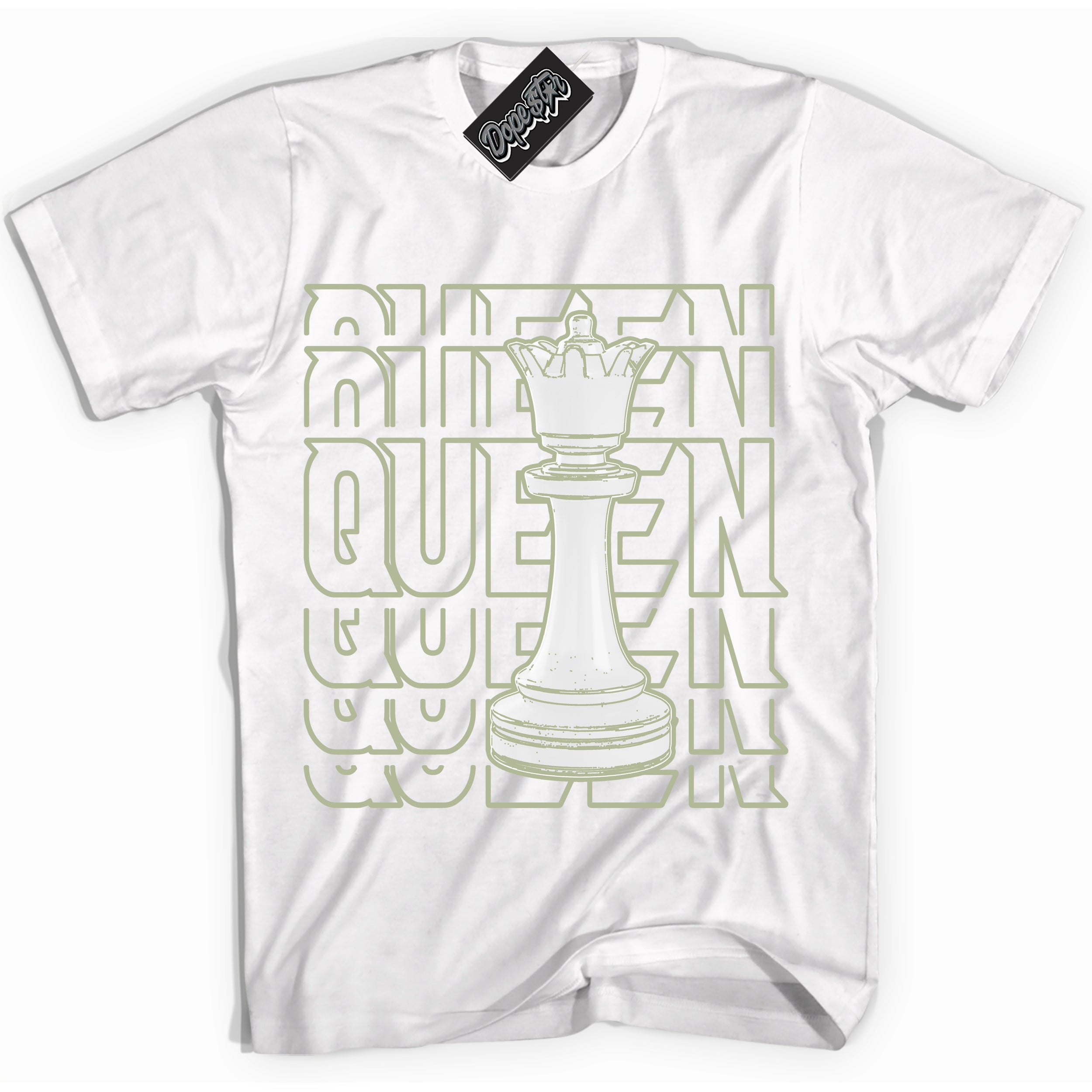 Cool White Shirt with “ Queen Chess ” design that perfectly matches Next Nature Olive Aura Dunks.