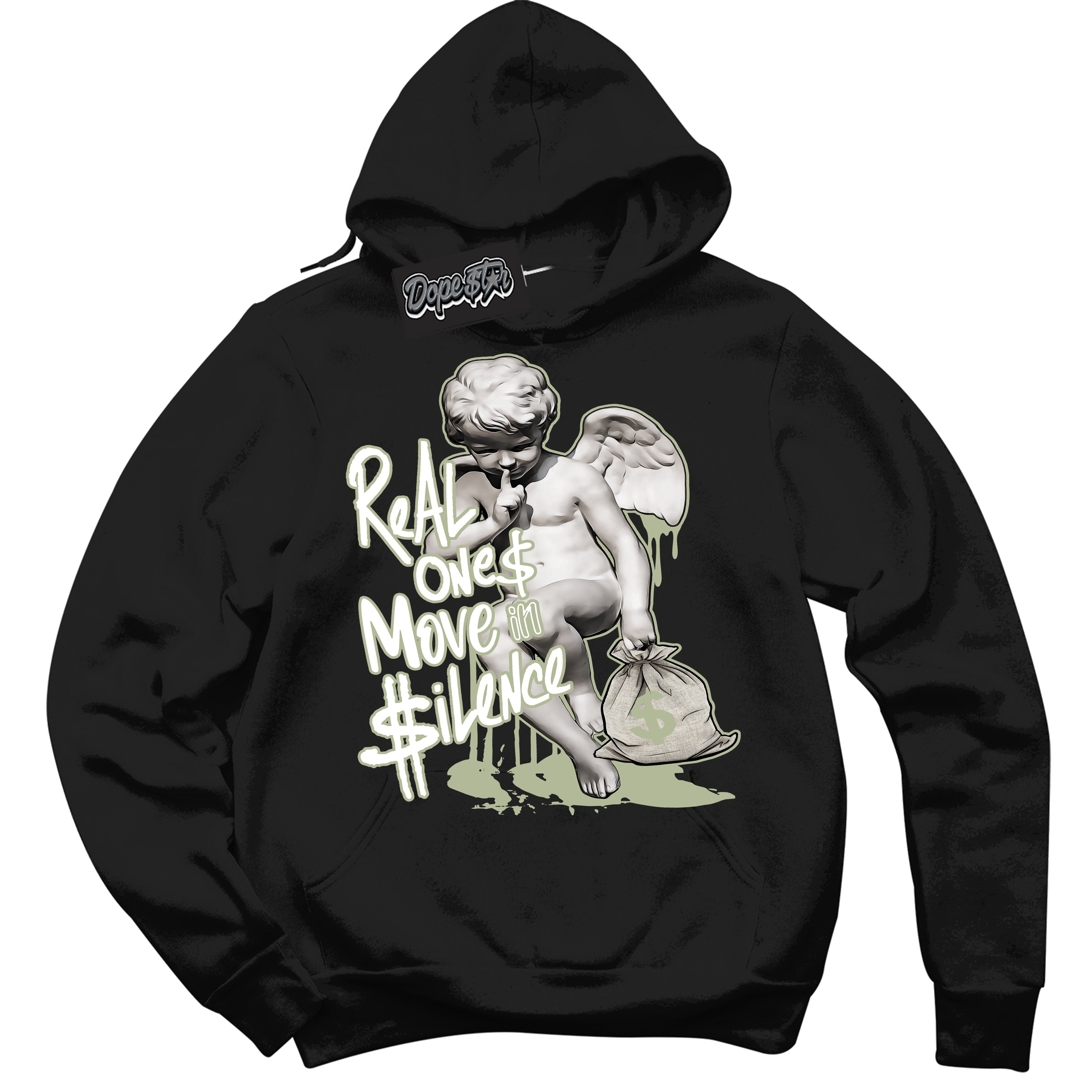 Cool Black Hoodie with “ Real Ones Cherub ”  design that Perfectly Matches Next Nature Olive Aura Dunks.