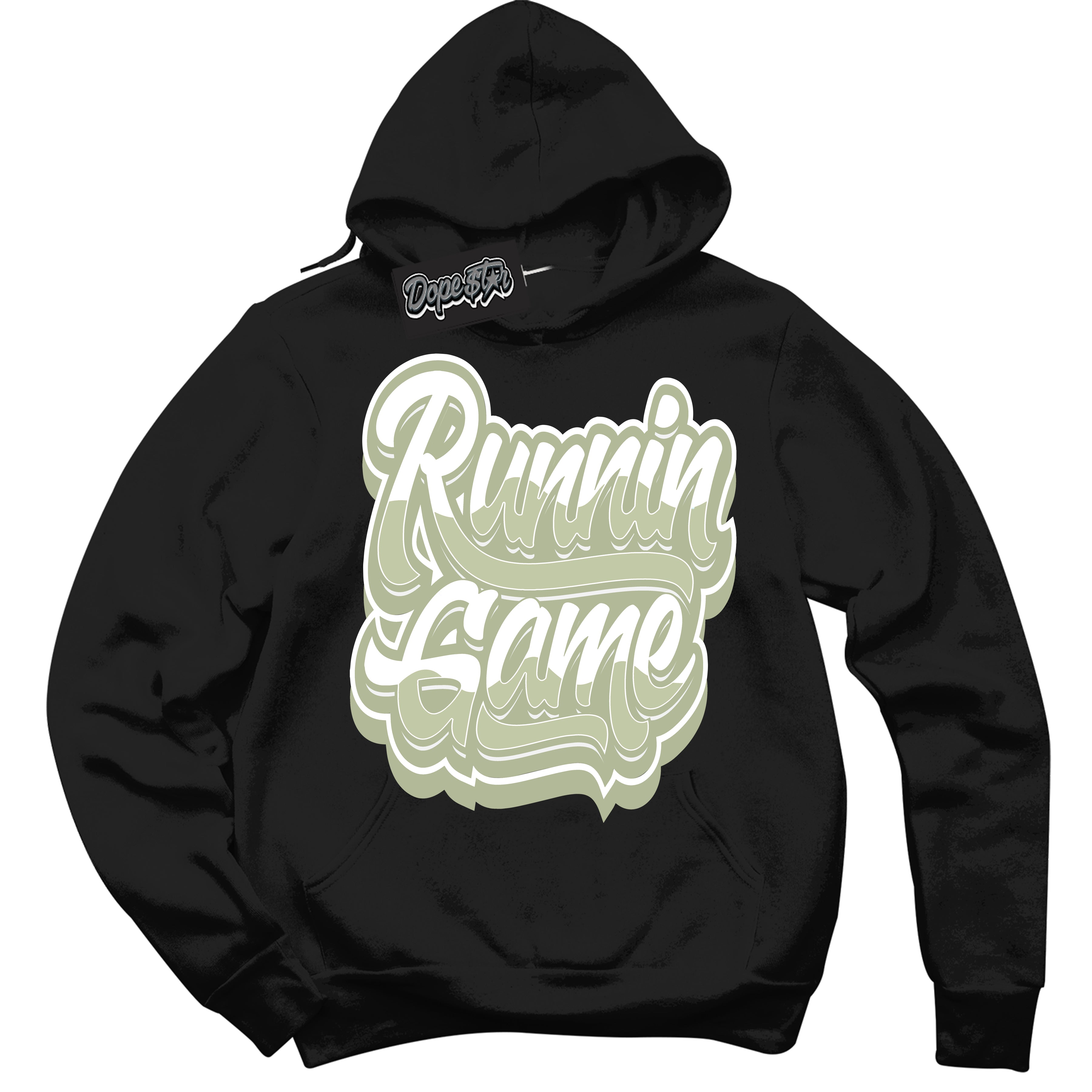 Cool Black Hoodie with “ Running Game ”  design that Perfectly Matches Next Nature Olive Aura Dunks.
