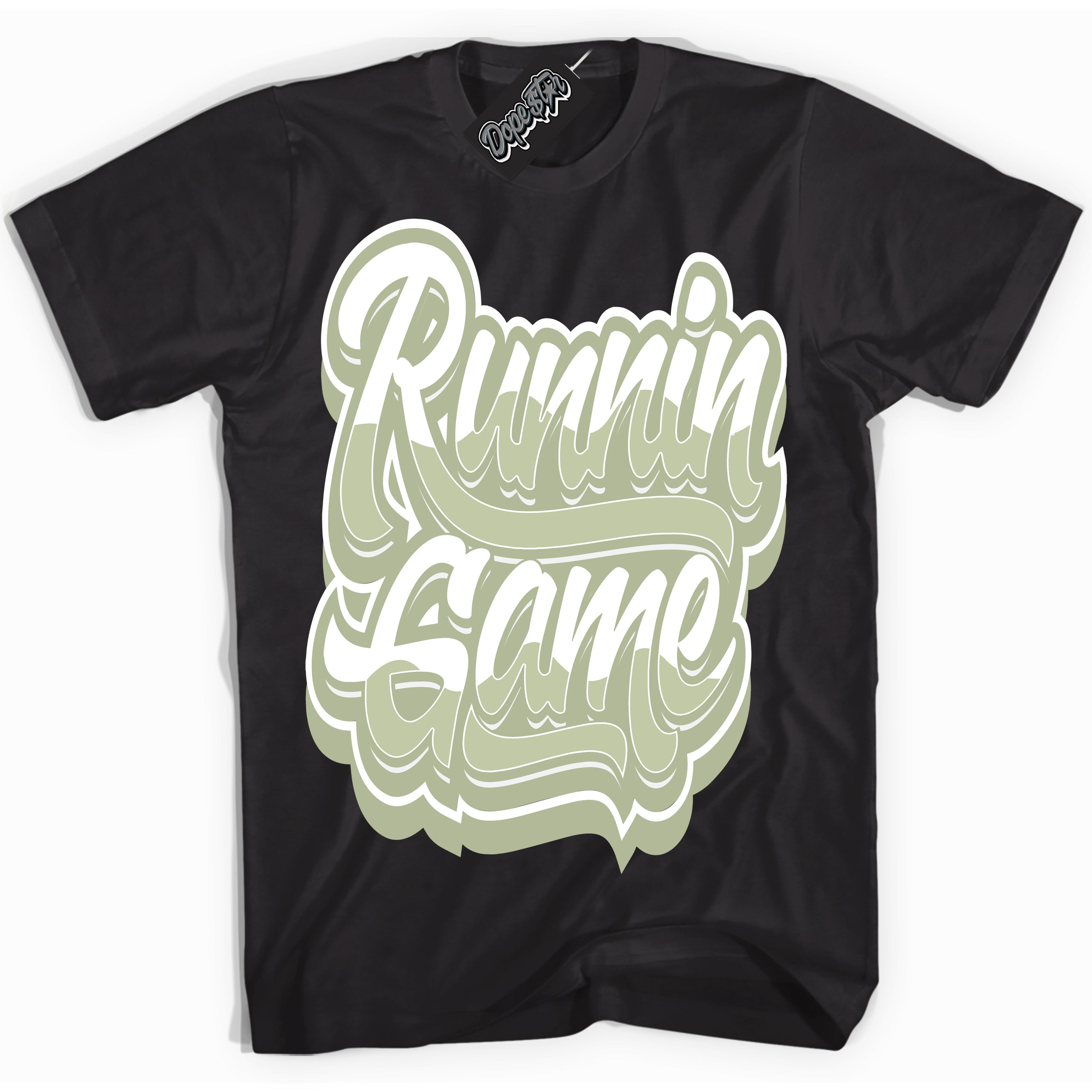 Cool Black Shirt with “ Running Game ” design that perfectly matches Next Nature Olive Aura Dunks.