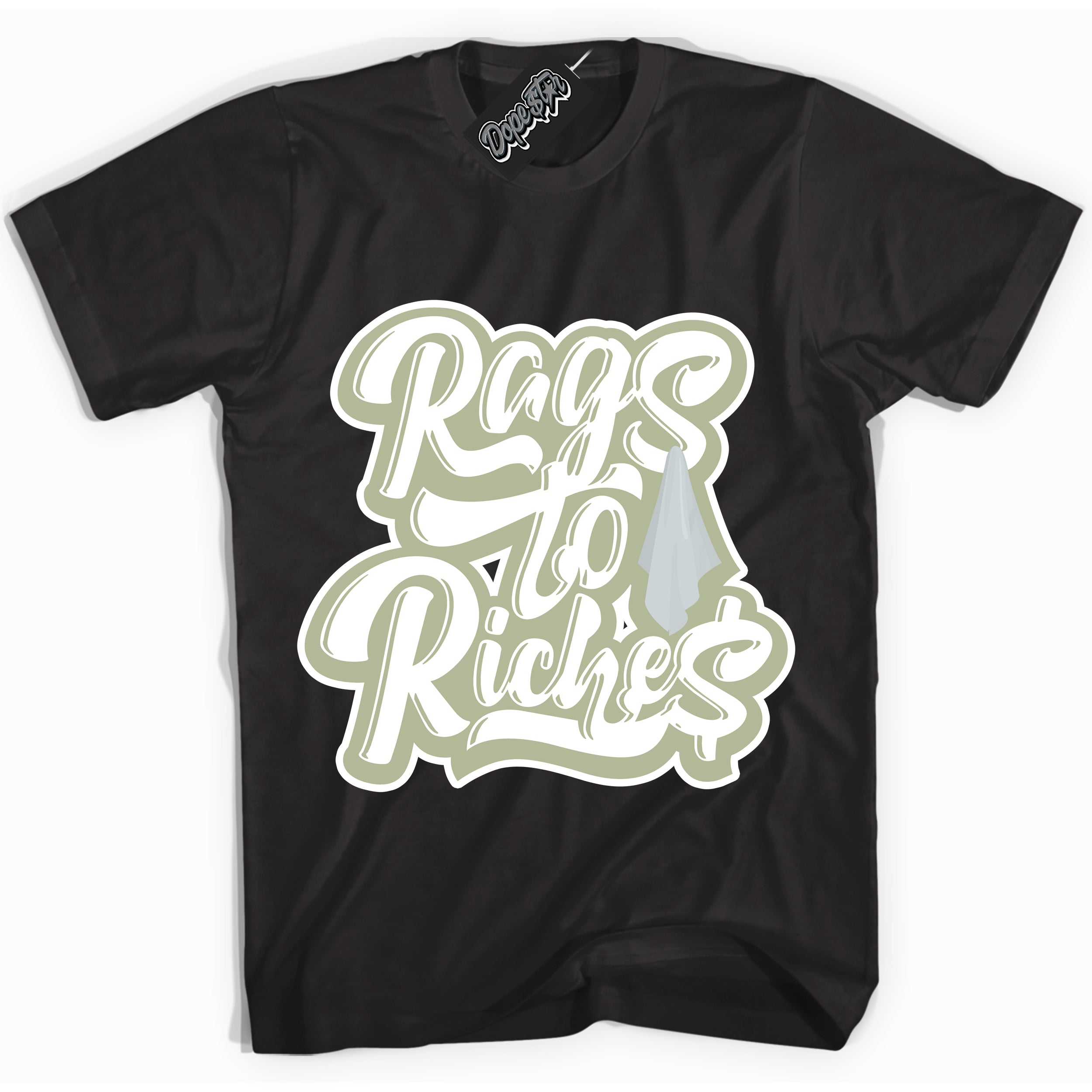 Cool Black Shirt with “ Rags To Riches ” design that perfectly matches Next Nature Olive Aura Dunks.