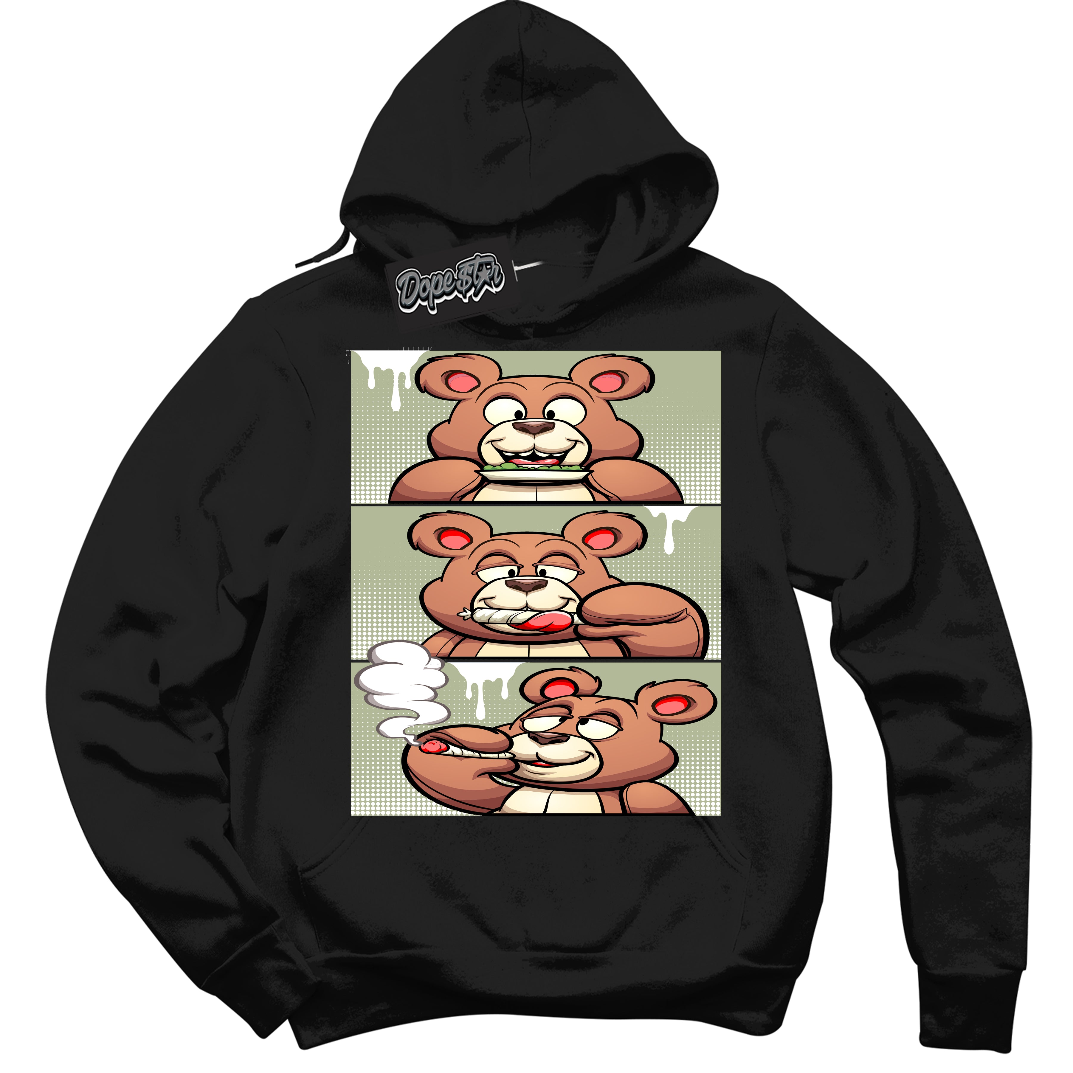 Cool Black Hoodie with “ Roll It Lick It Smoke It Bear ”  design that Perfectly Matches Next Nature Olive Aura Dunks.