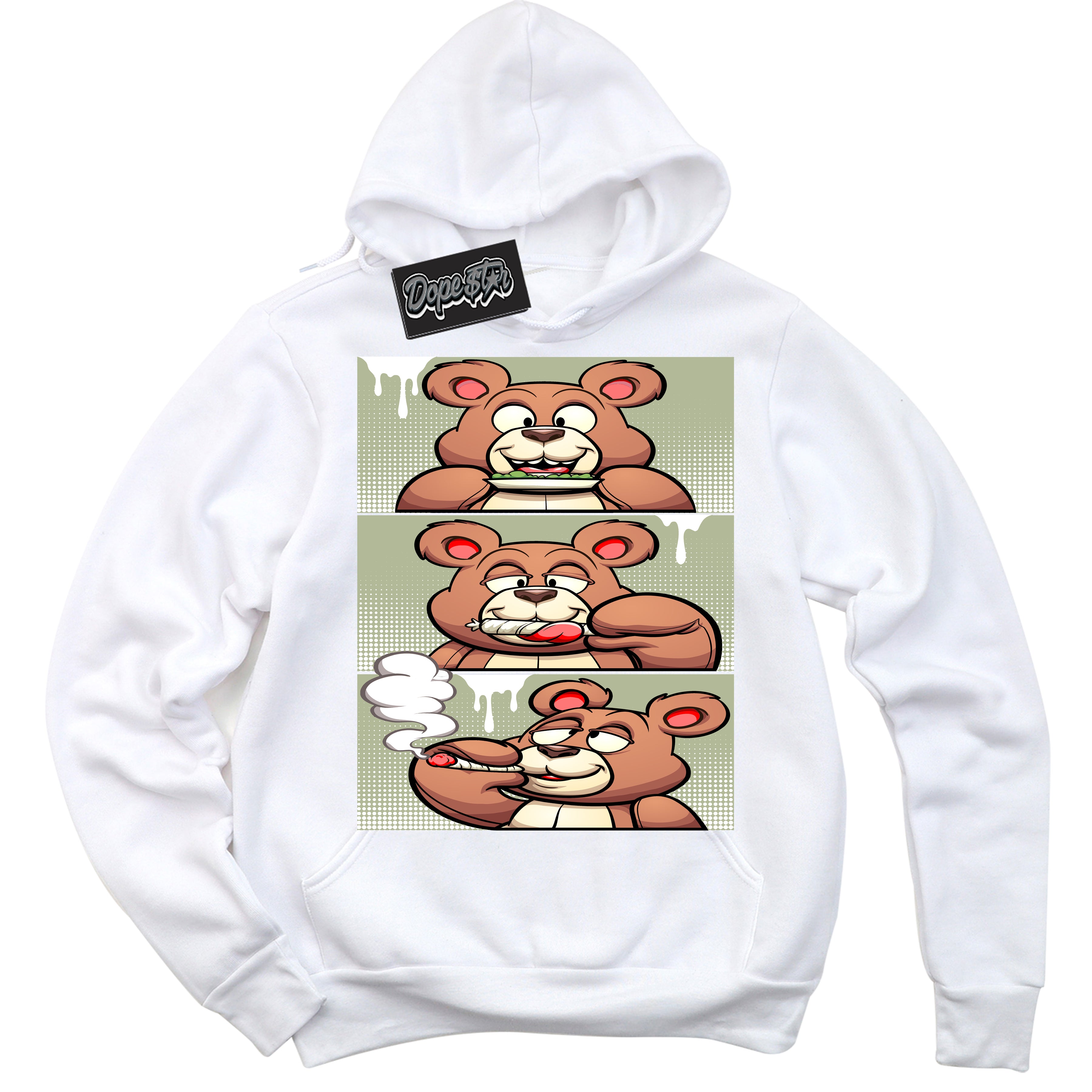Cool White Hoodie with “ Roll It Lick It Smoke It Bear ”  design that Perfectly Matches Next Nature Olive Aura Dunks.