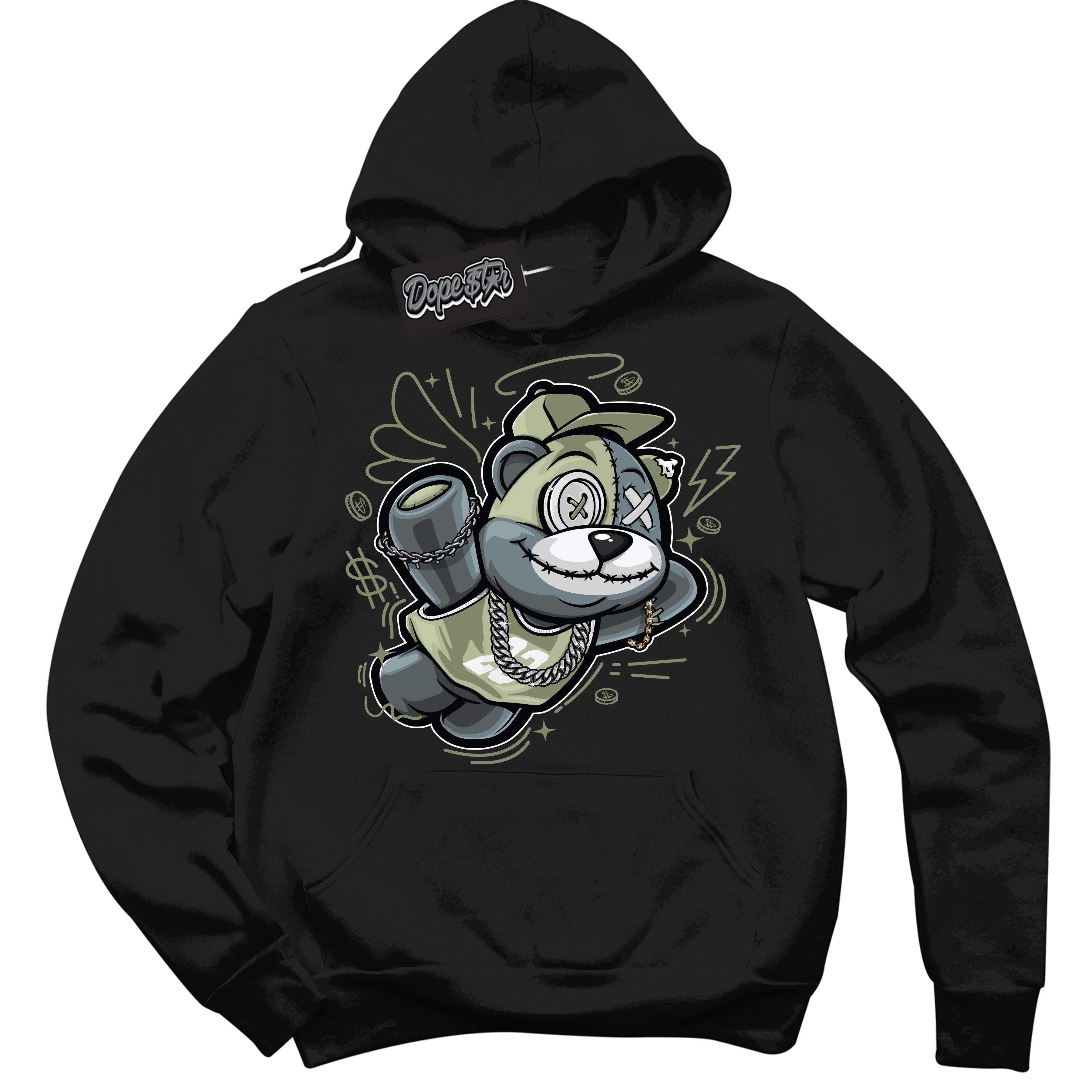 Cool Black Hoodie with “ Slam Dunk Bear ”  design that Perfectly Matches Next Nature Olive Aura Dunks.