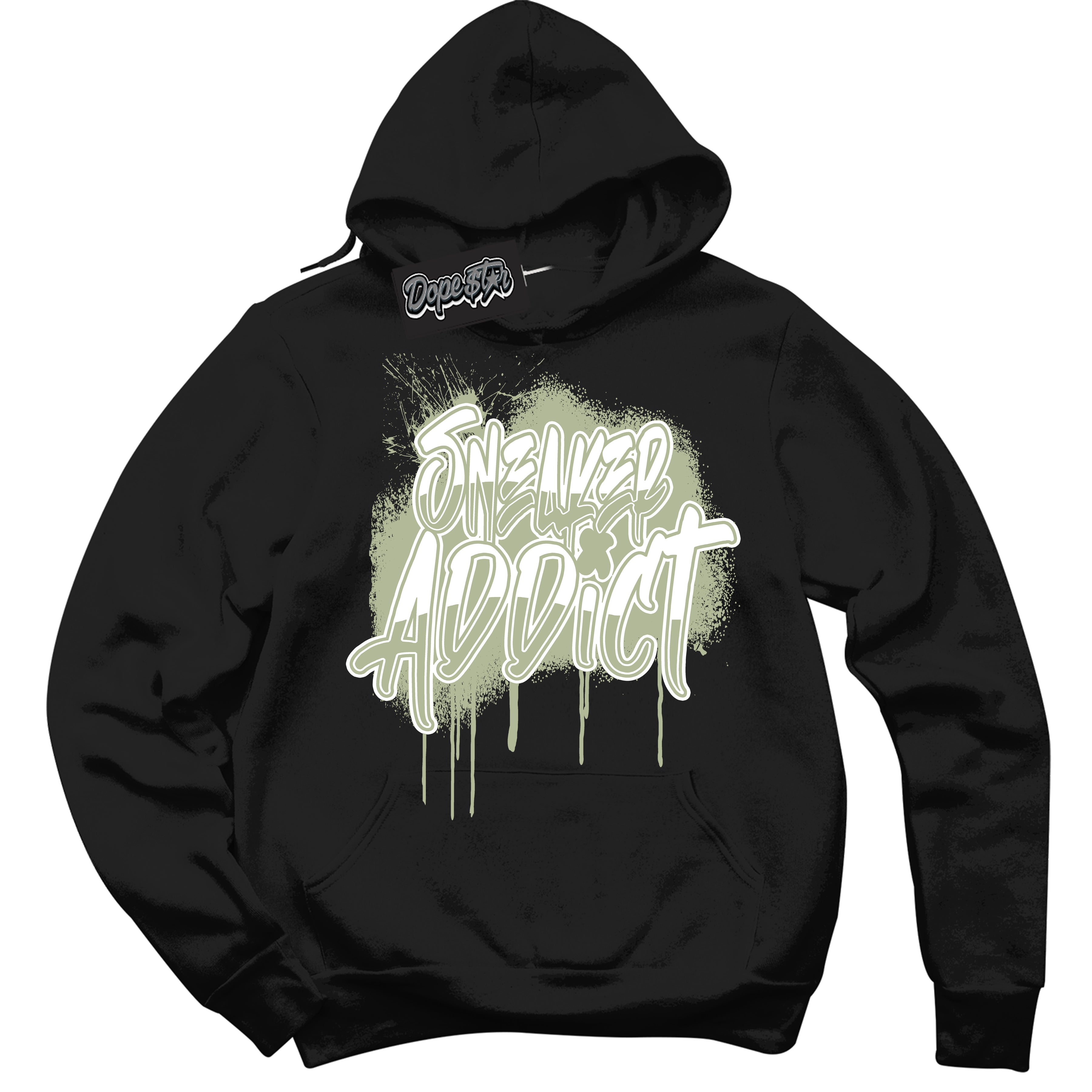 Cool Black Hoodie with “ Sneaker Addict ”  design that Perfectly Matches Next Nature Olive Aura Dunks.
