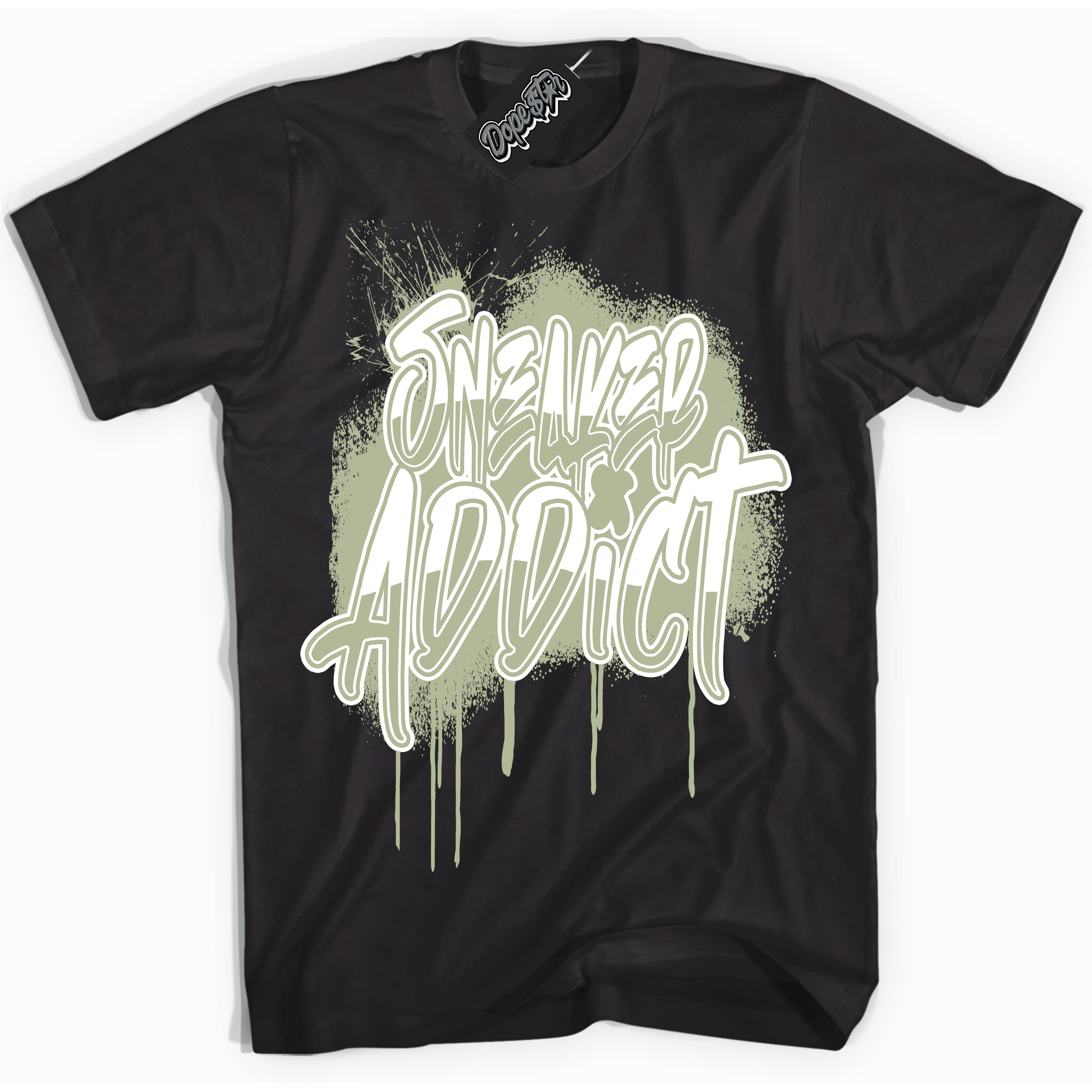 Cool Black Shirt with “ Sneaker Addict ” design that perfectly matches Next Nature Olive Aura Dunks.