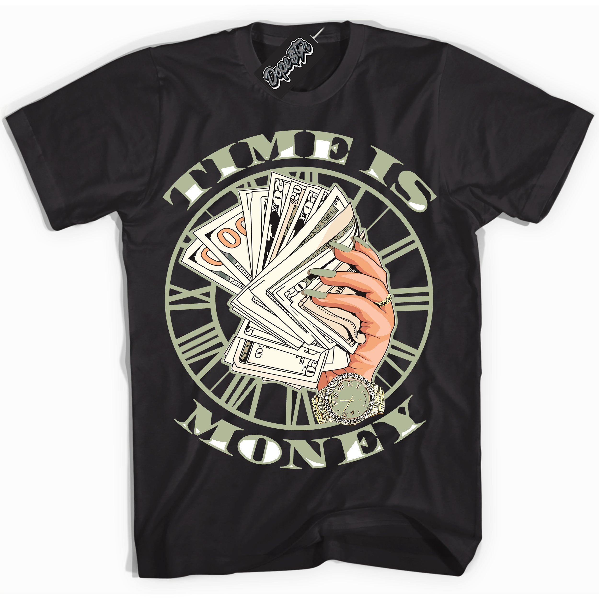 Cool Black Shirt with “ Time Is Money ” design that perfectly matches Next Nature Olive Aura Dunks.