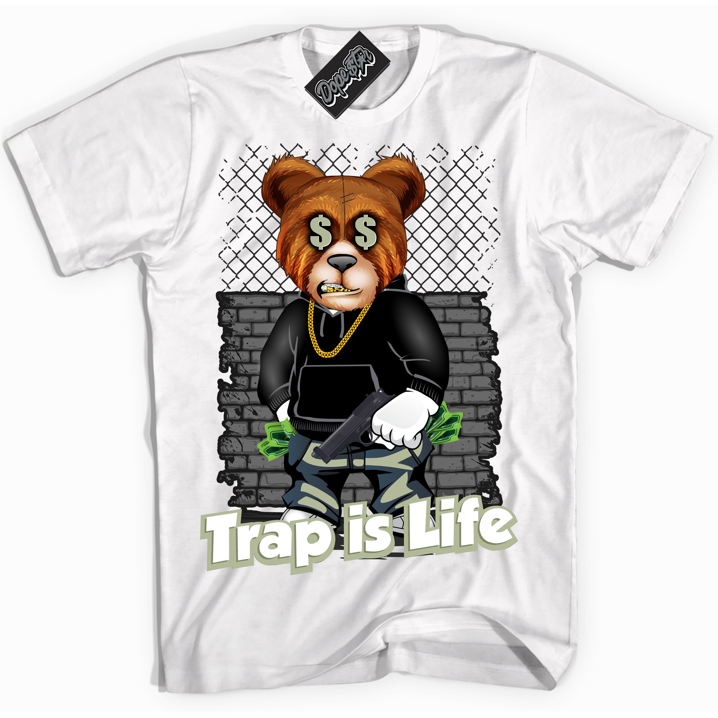 Cool White Shirt with “ Trap Is Life ” design that perfectly matches Next Nature Olive Aura Dunks.